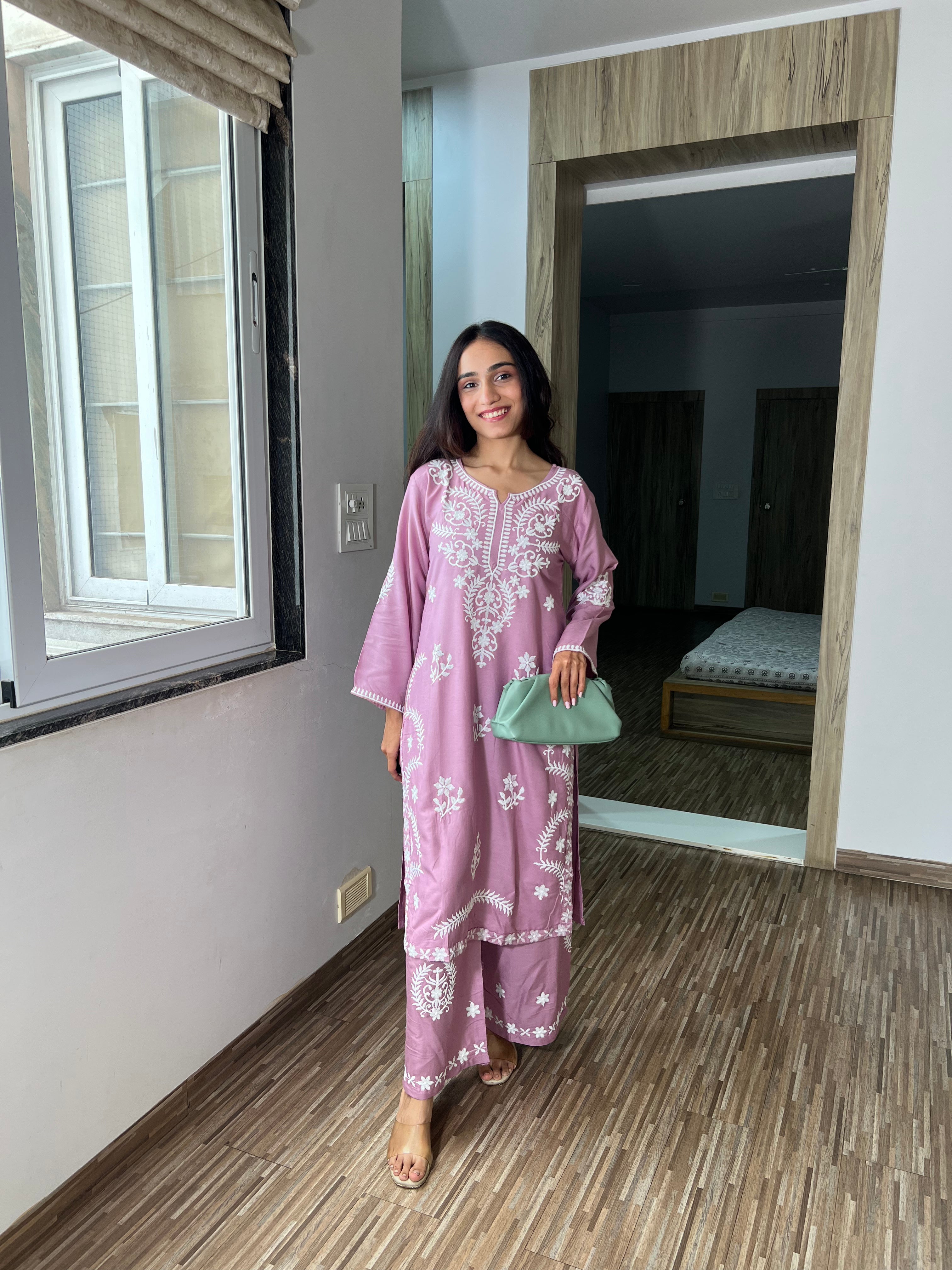 Pastel Pink Sitara Kurta Set – Handcrafted Chikankari with Plazo
