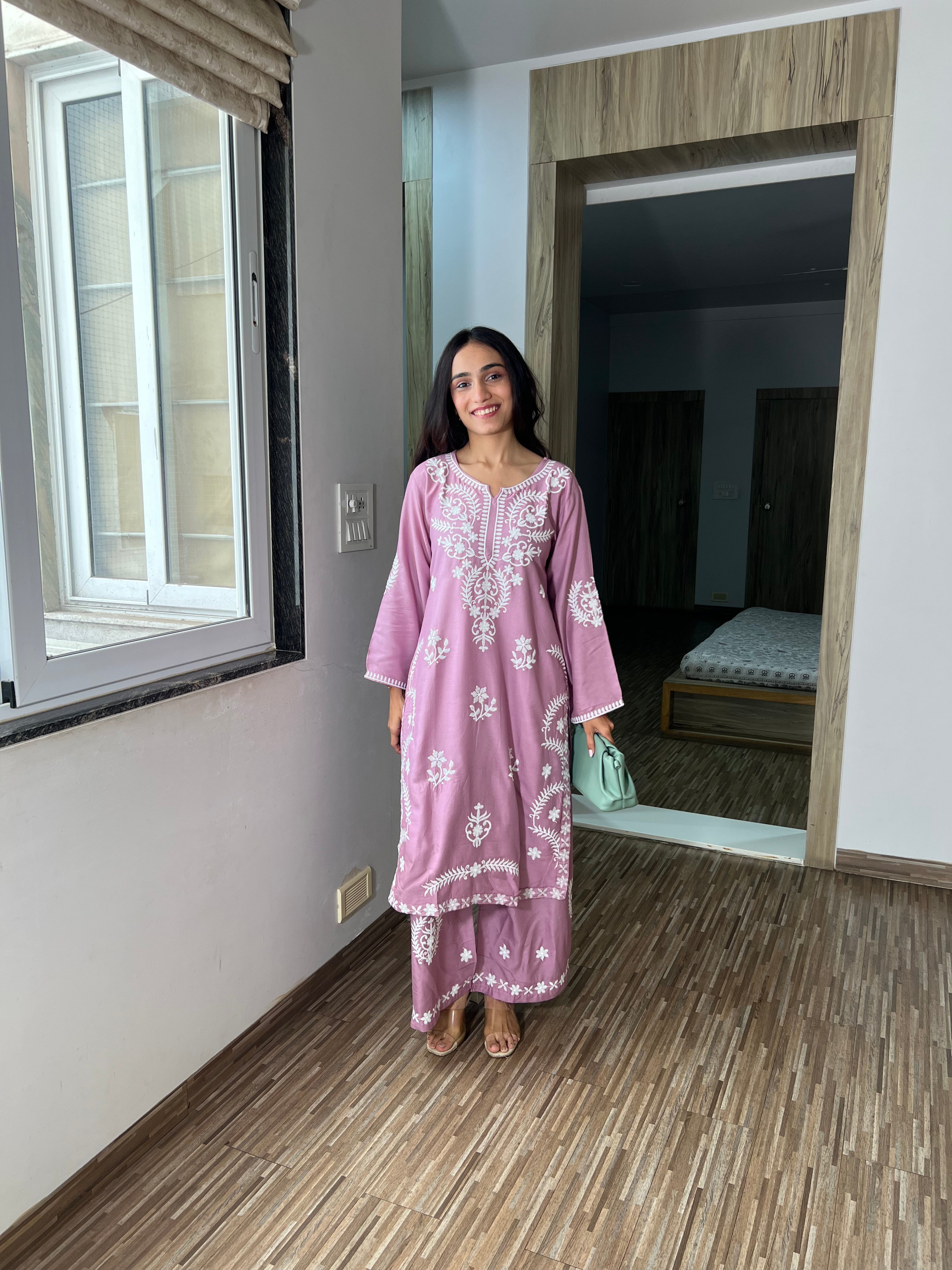 Pastel Pink Sitara Kurta Set – Handcrafted Chikankari with Plazo
