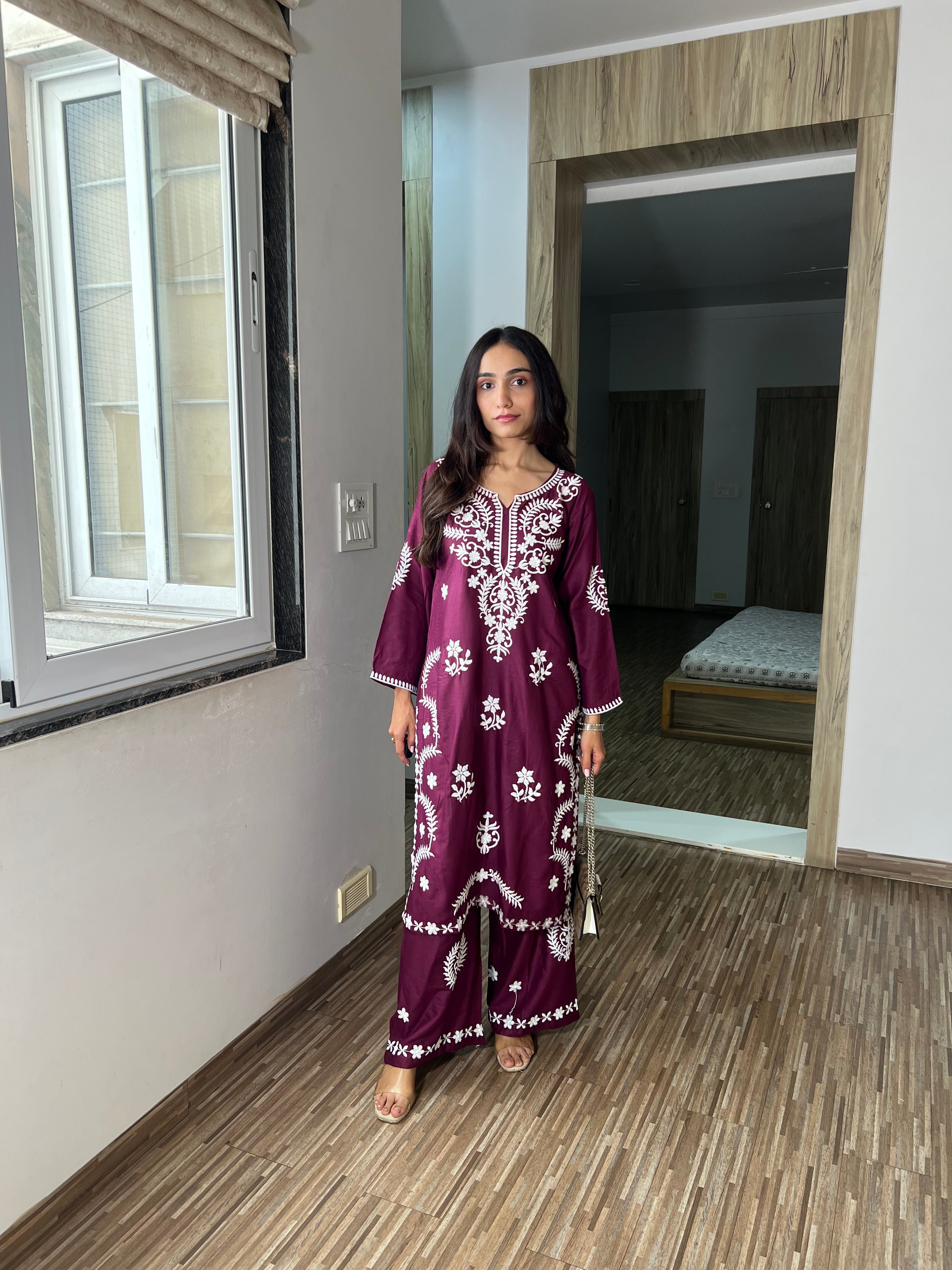 Wine Sitara Kurta & Plazo – Timeless Chikankari Ethnic Wear