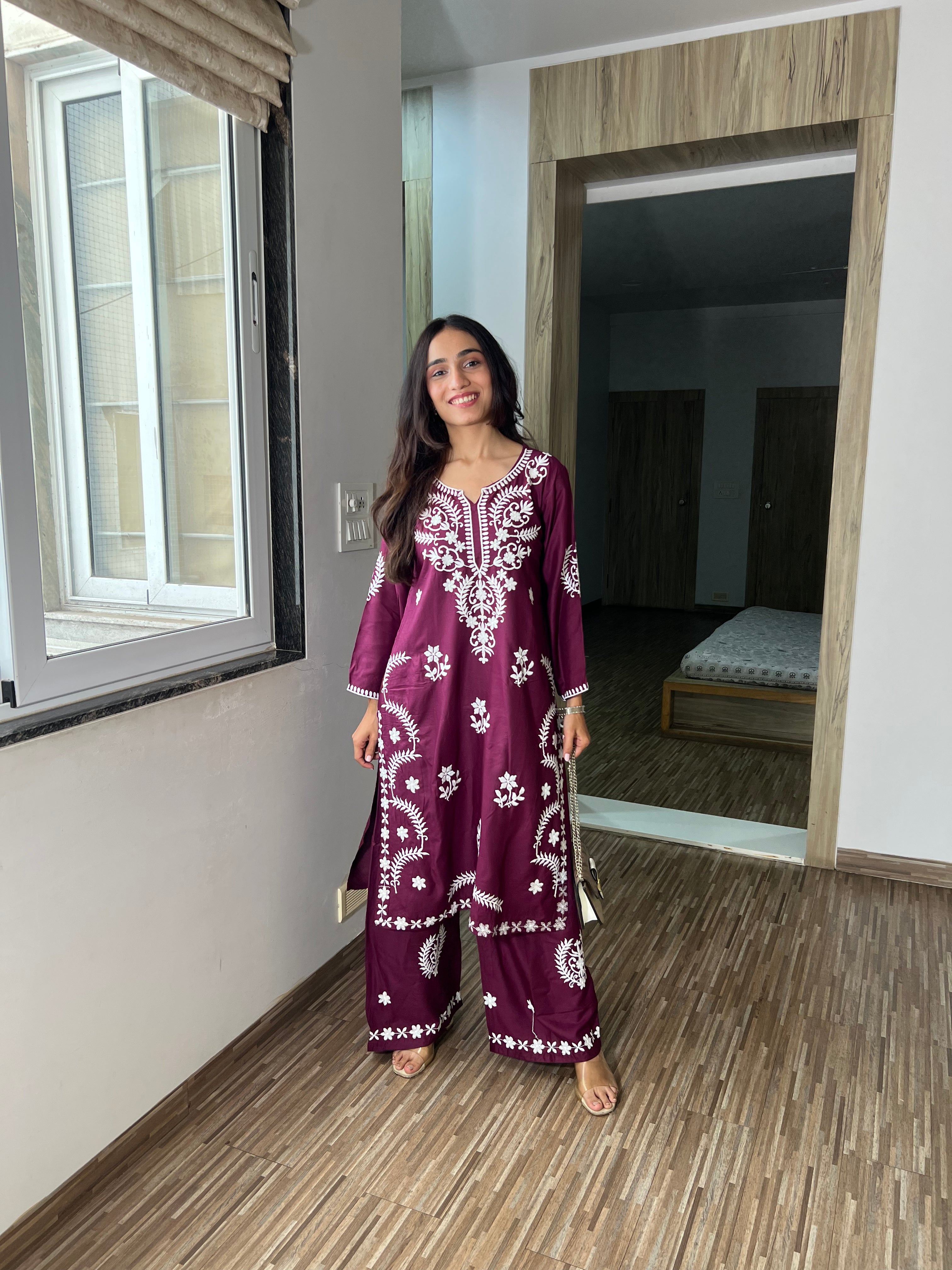 Wine Sitara Kurta & Plazo – Timeless Chikankari Ethnic Wear