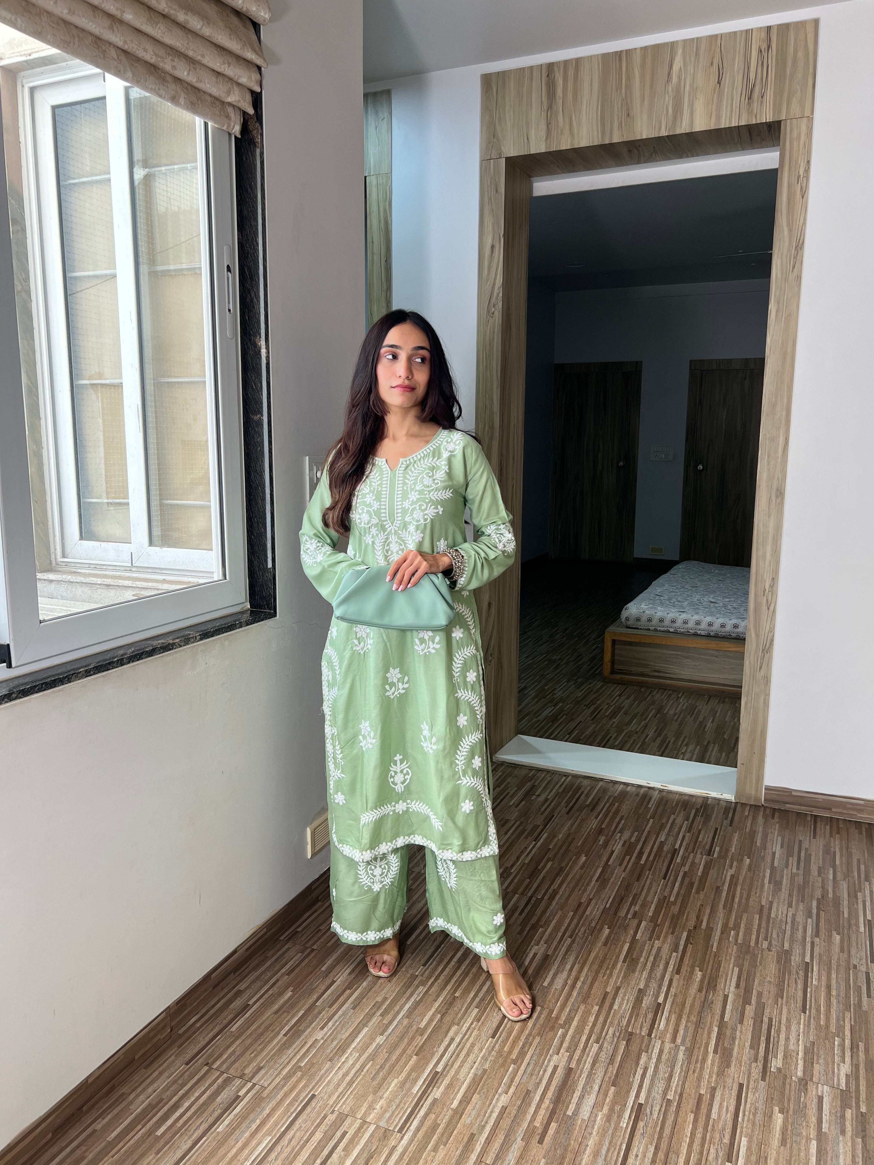 Sitara Soft Pastel Green Kurta Set – Handcrafted Chikankari Magic