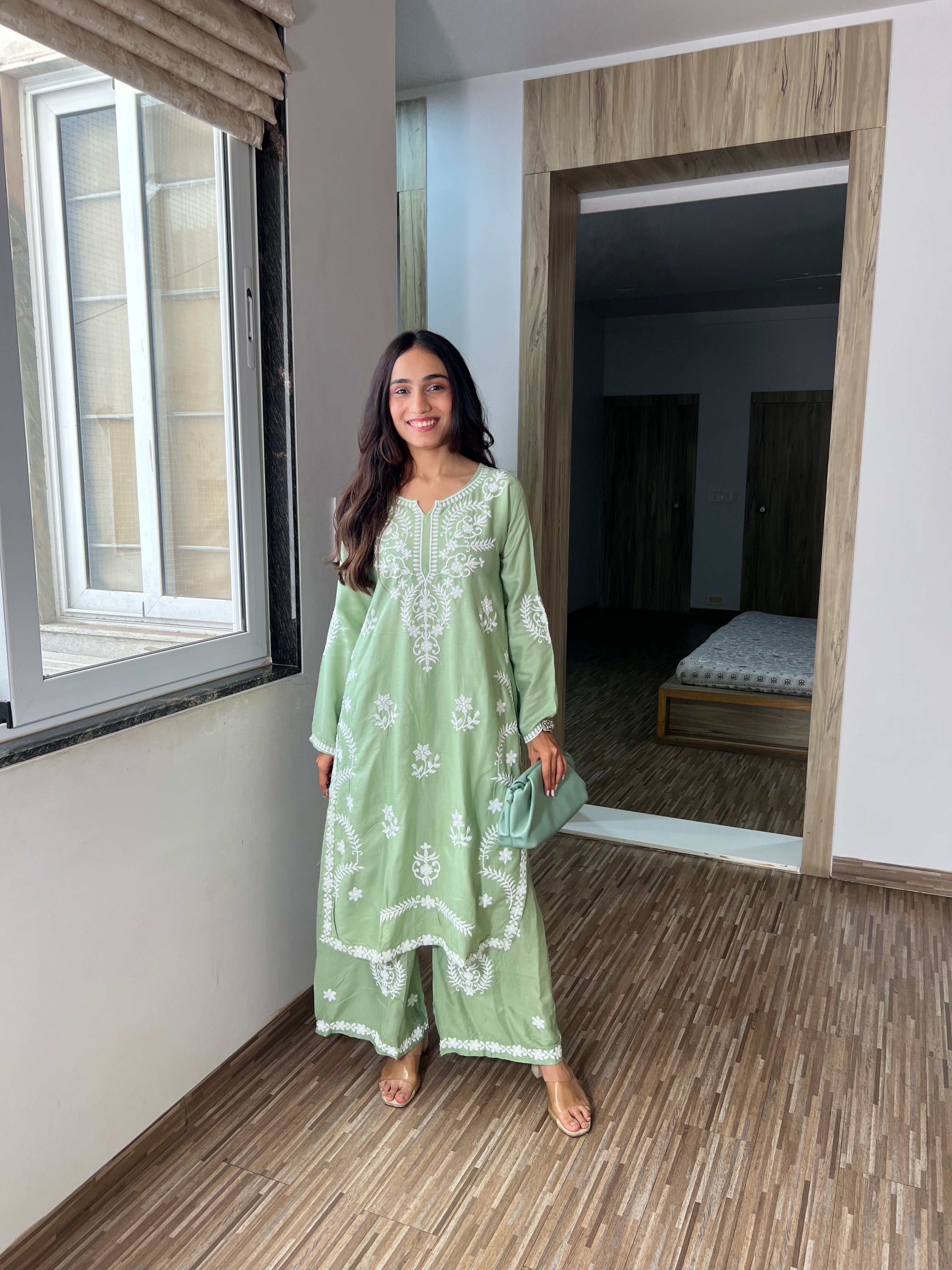 Sitara Soft Pastel Green Kurta Set – Handcrafted Chikankari Magic