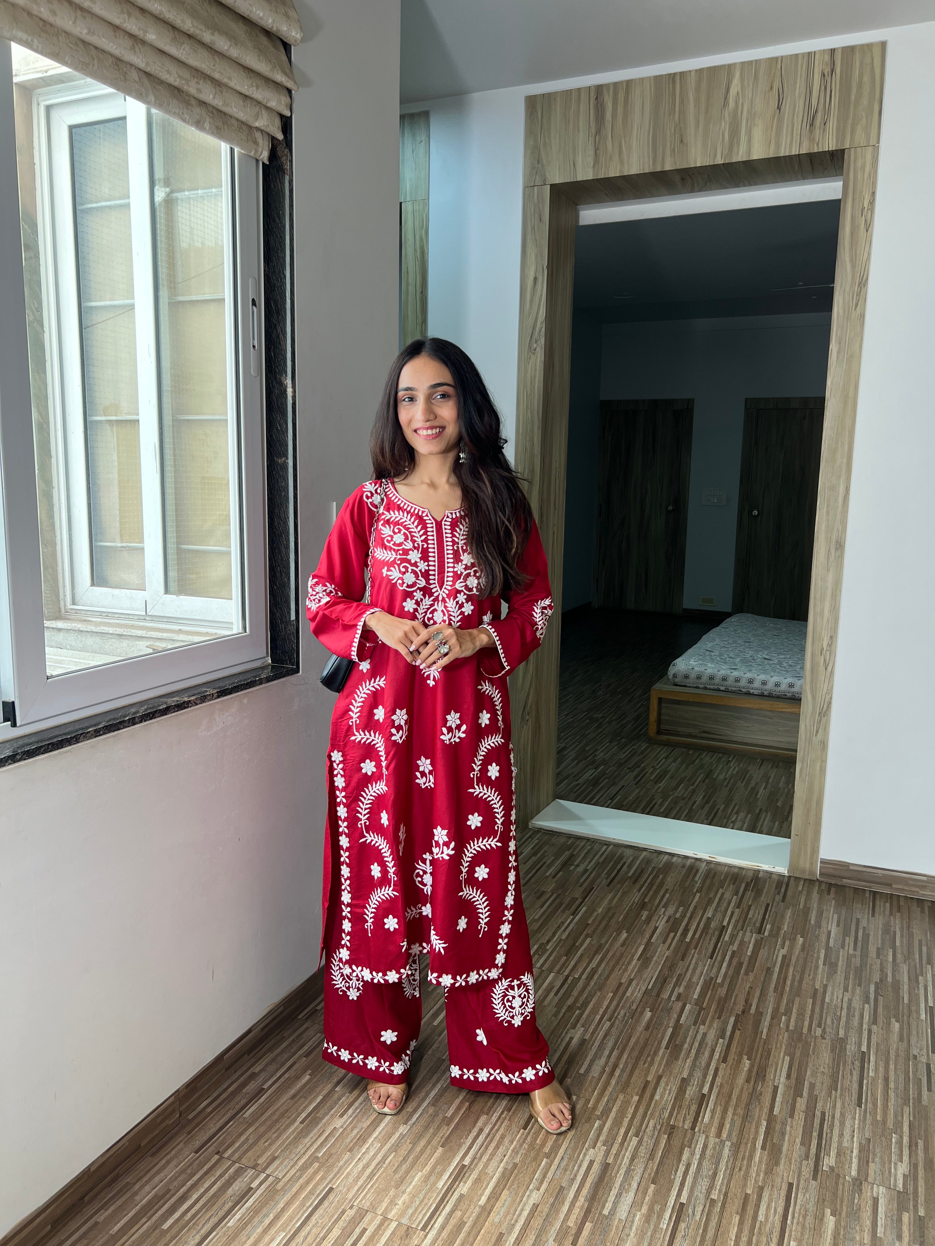 Sitara Bright Red Chikankari Kurta with Palazzo – Celebration Ready