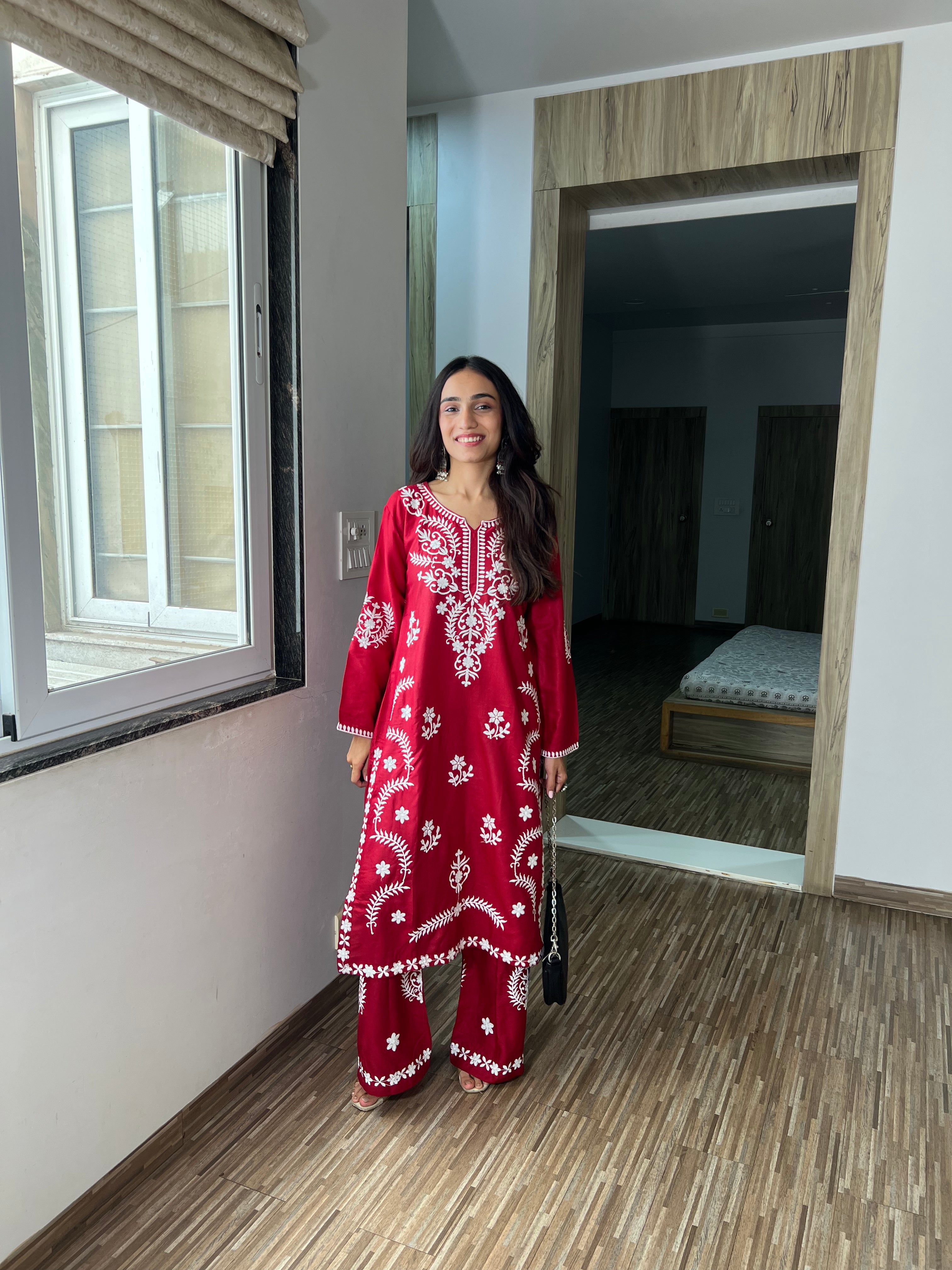 Sitara Bright Red Chikankari Kurta with Palazzo – Celebration Ready