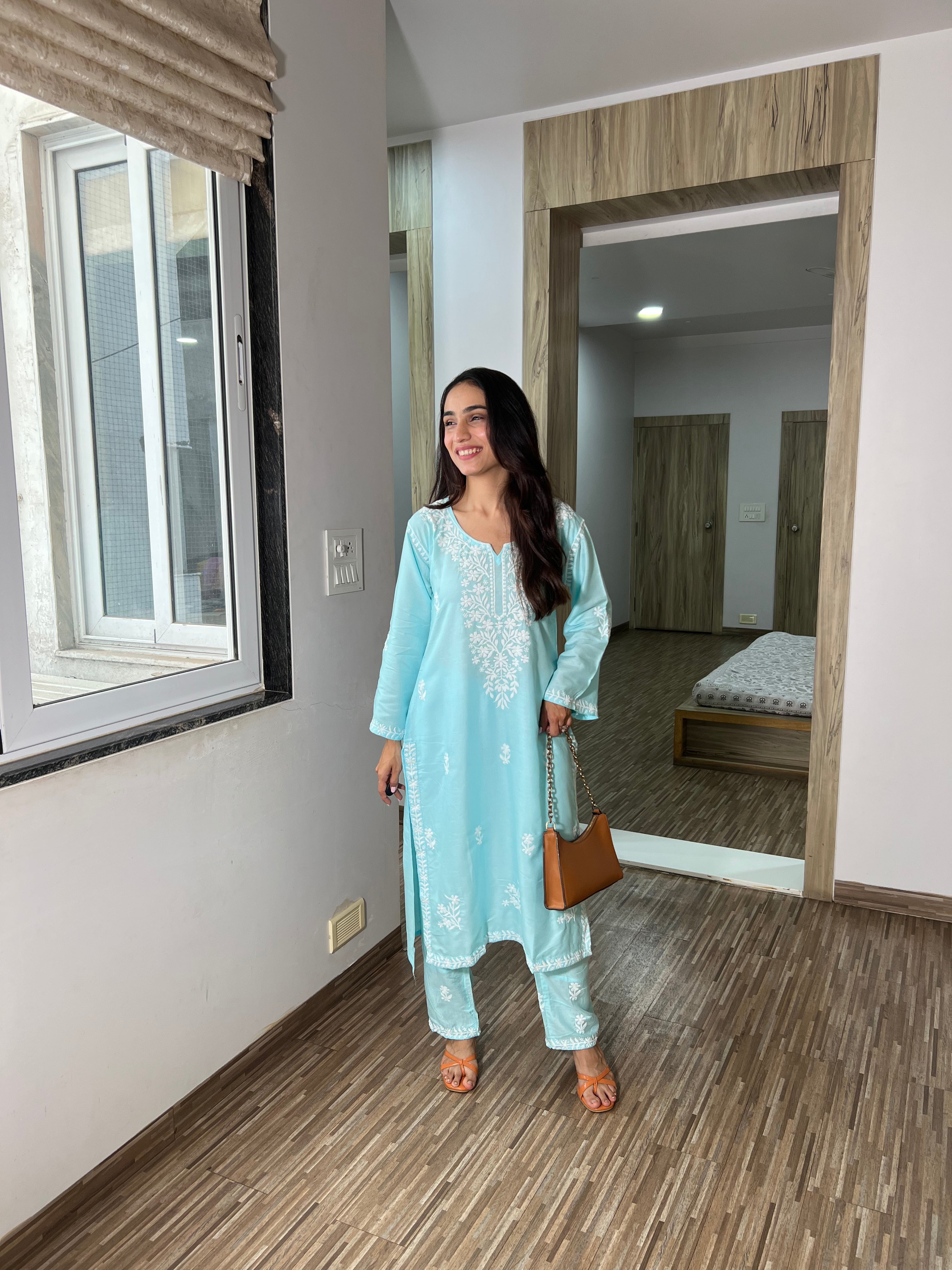 Raabta Chikankari Kurta with Pant – Pastel Sky Elegance