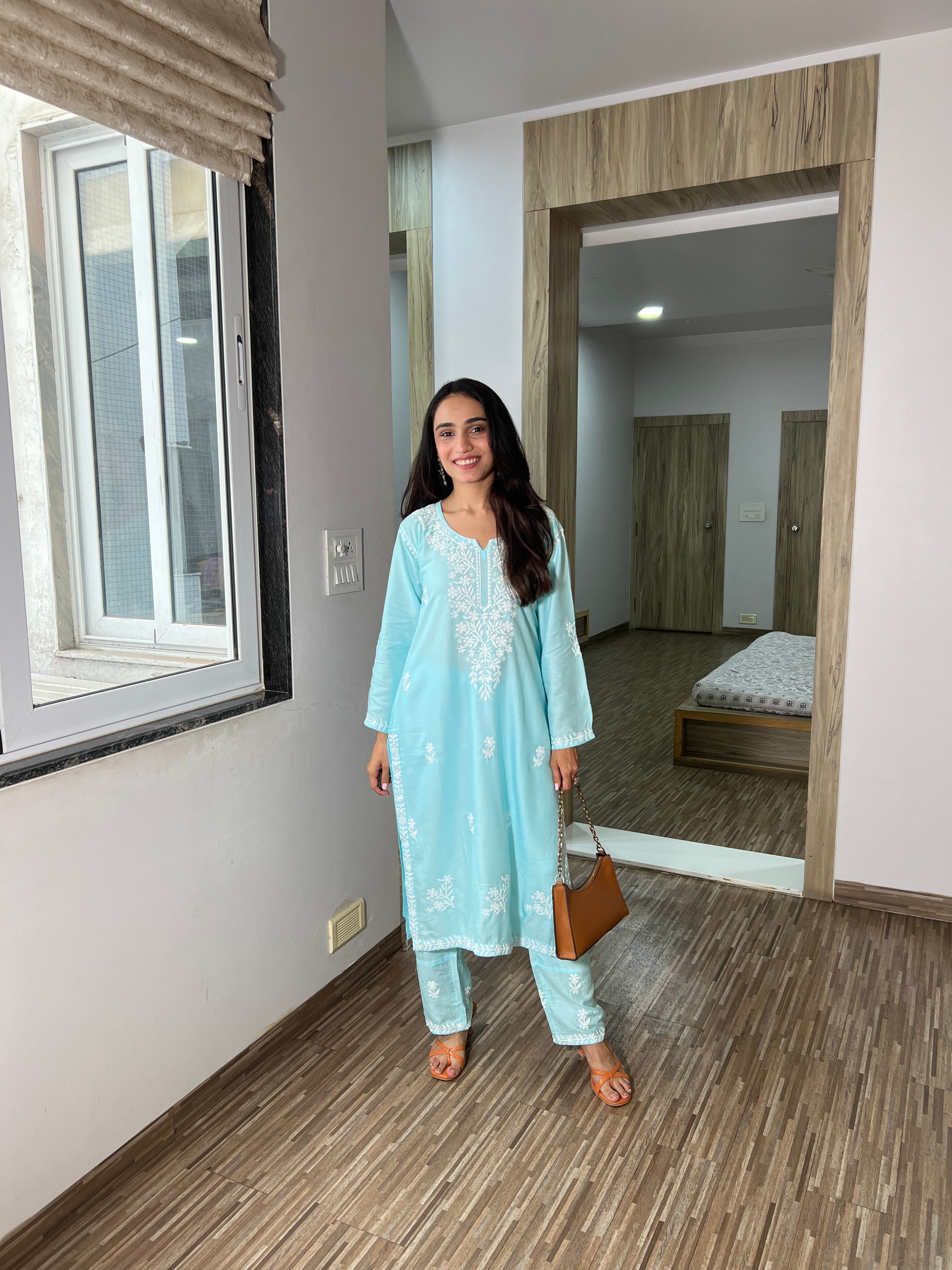 Raabta Chikankari Kurta with Pant – Pastel Sky Elegance