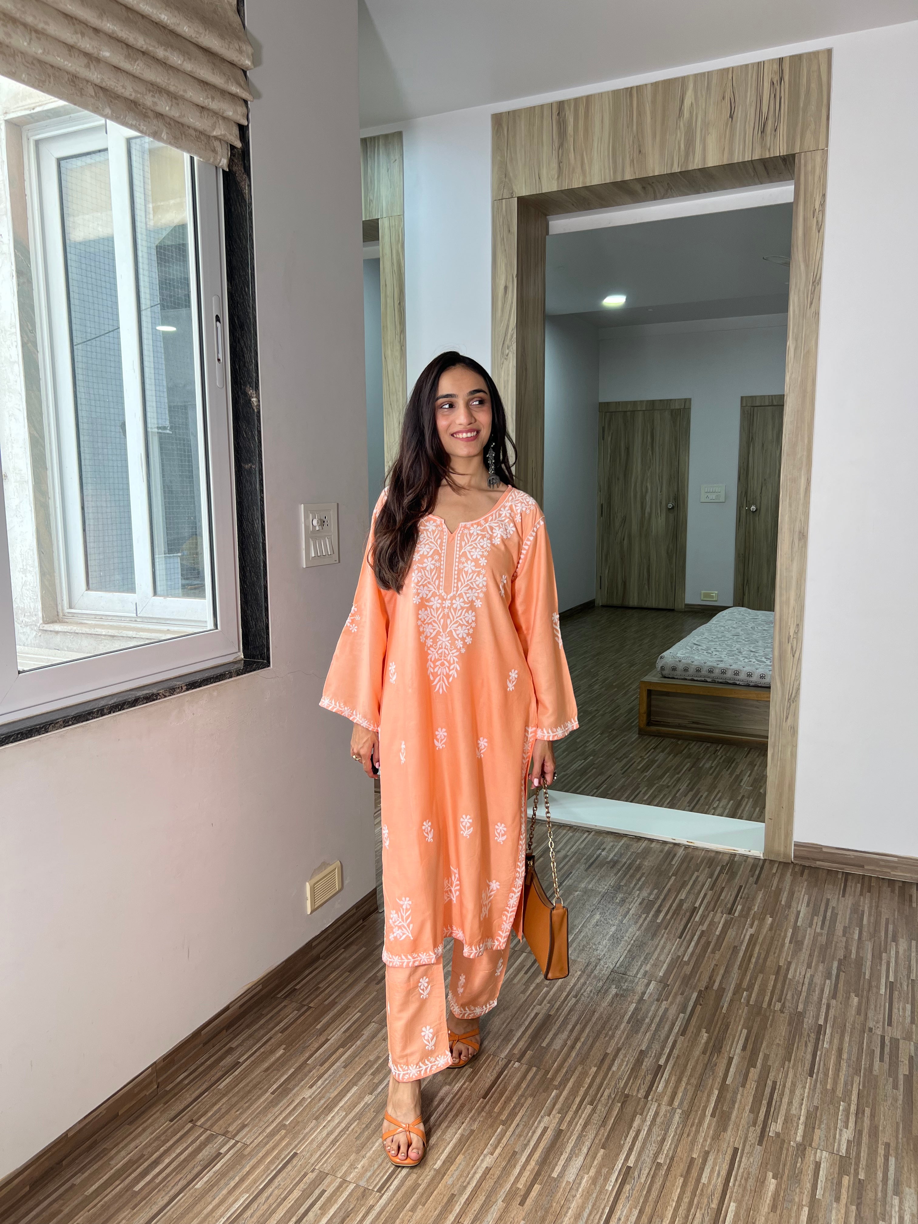 Raabta Pastel Peach Chikankari Kurta with Pant – Graceful & Light