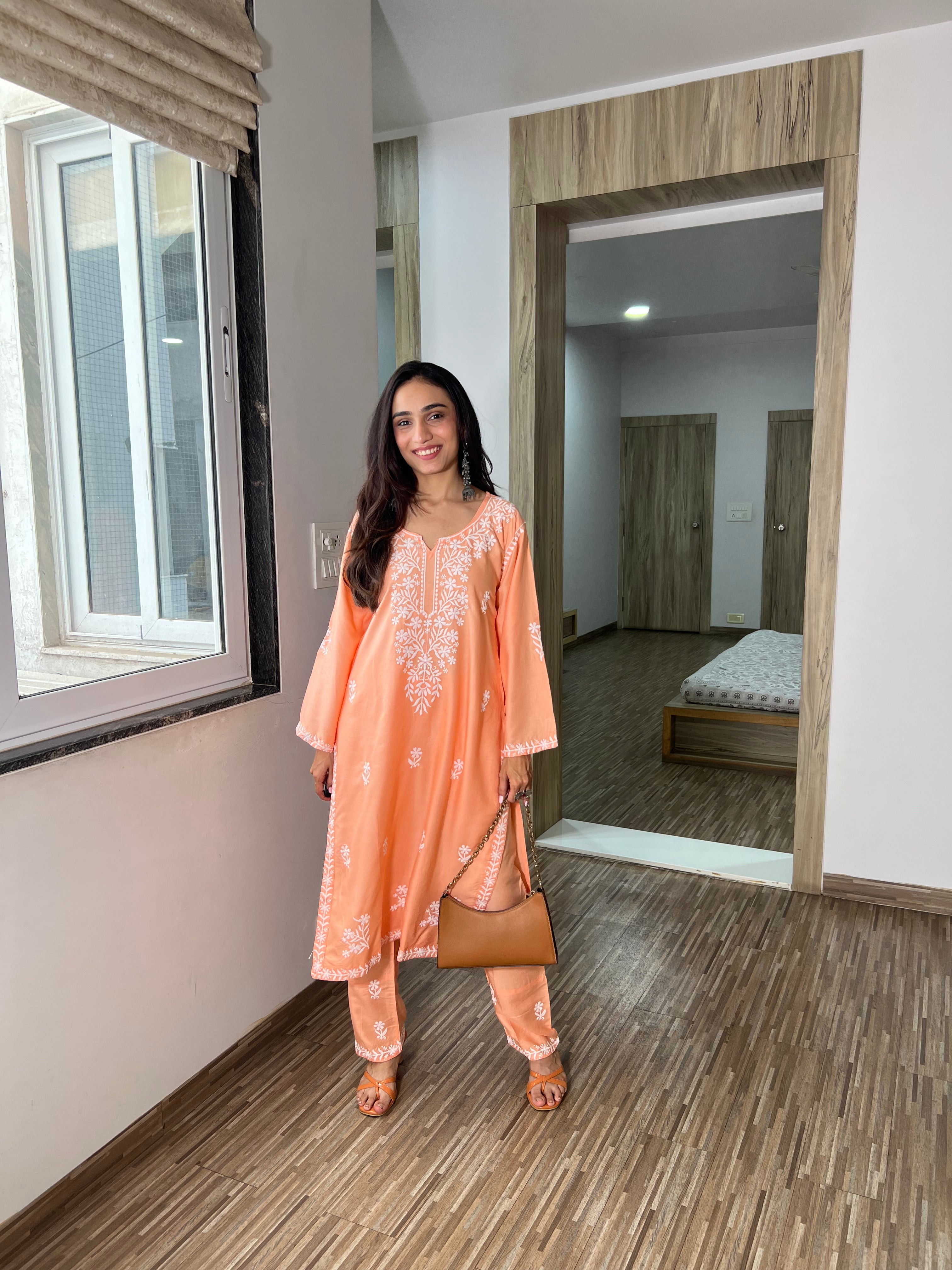 Raabta Pastel Peach Chikankari Kurta with Pant – Graceful & Light