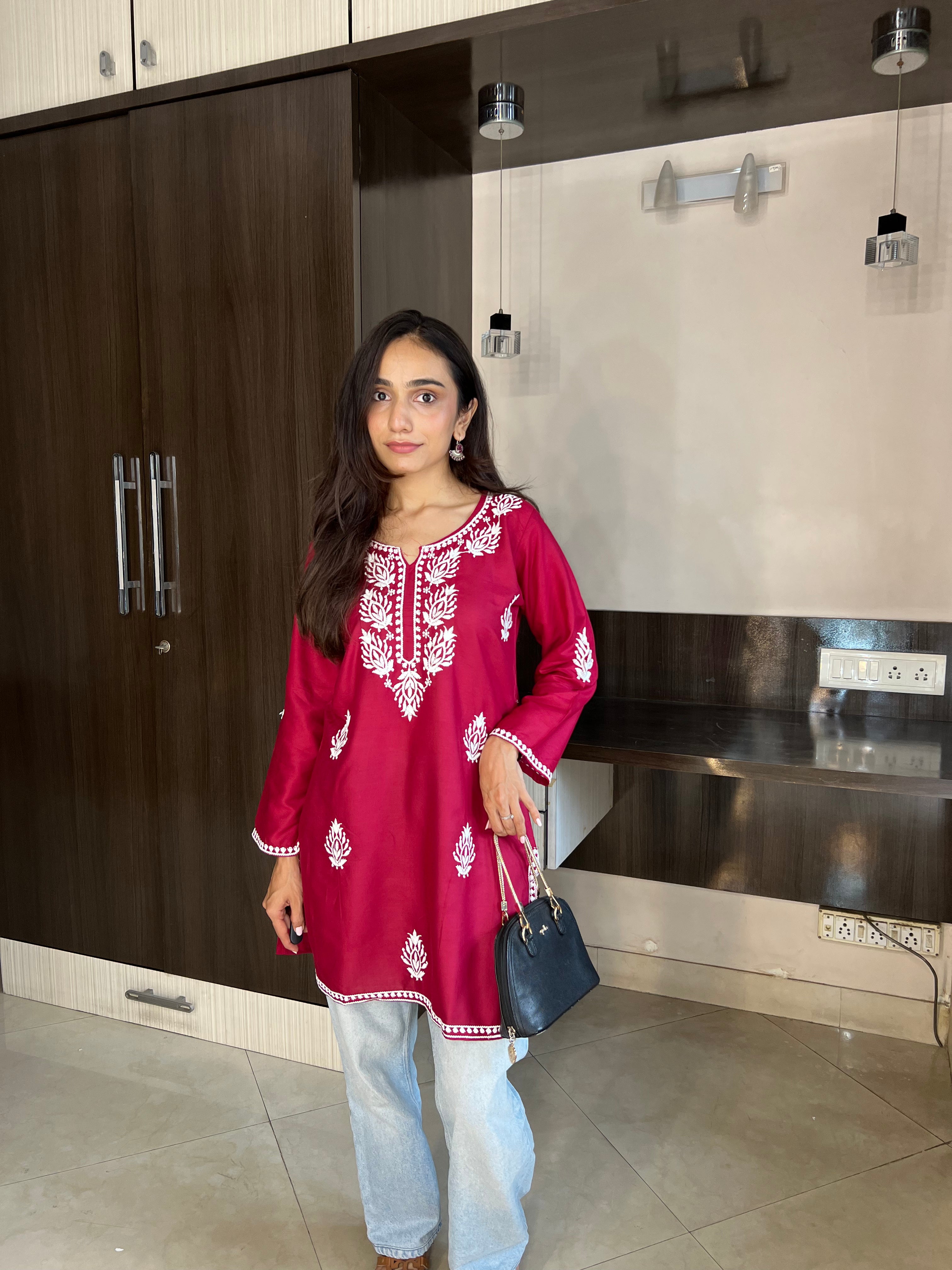 Samaira Maroon Short Kurta – Classic Lucknowi Chikankari Work