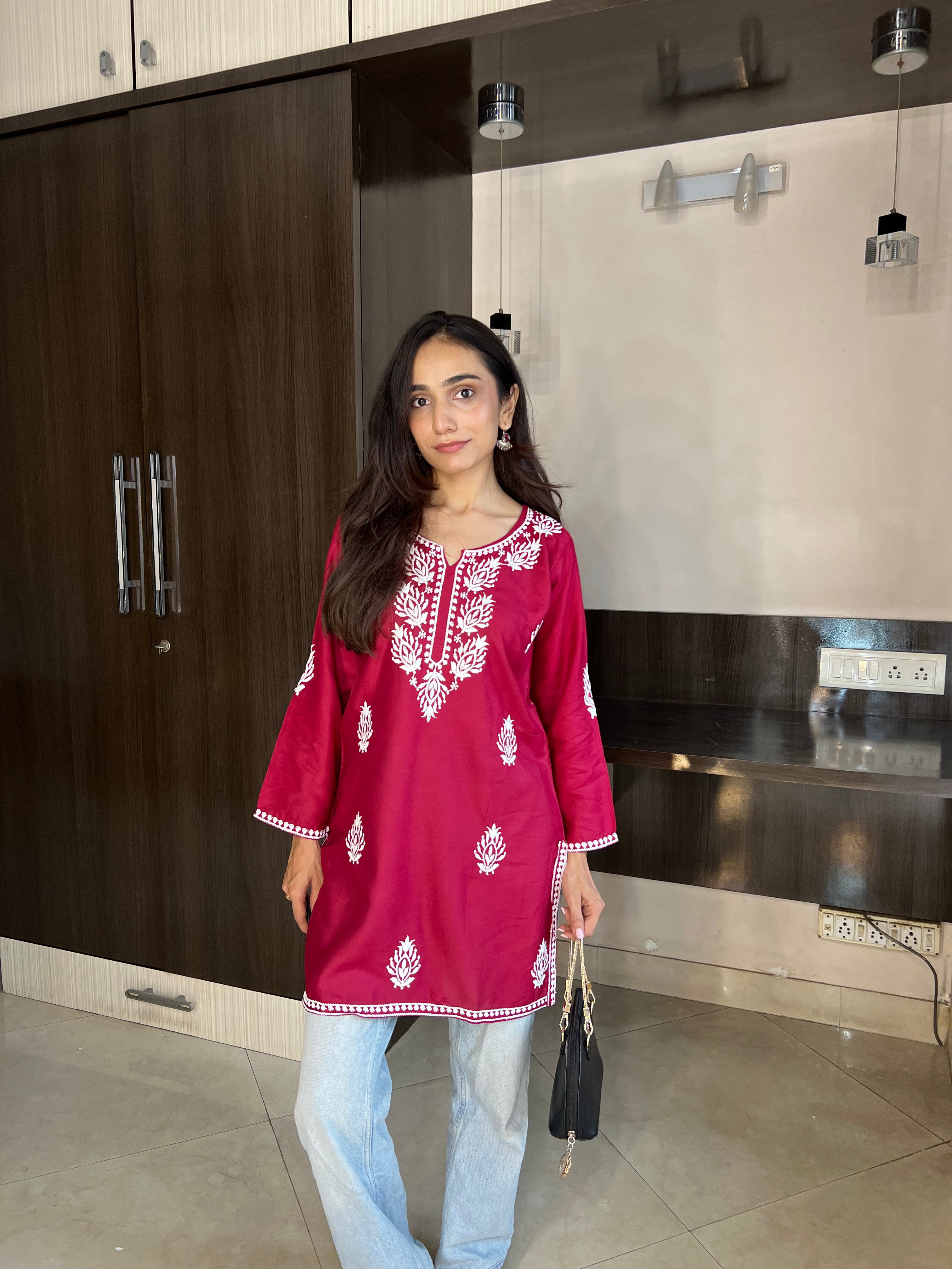 Samaira Maroon Short Kurta – Classic Lucknowi Chikankari Work