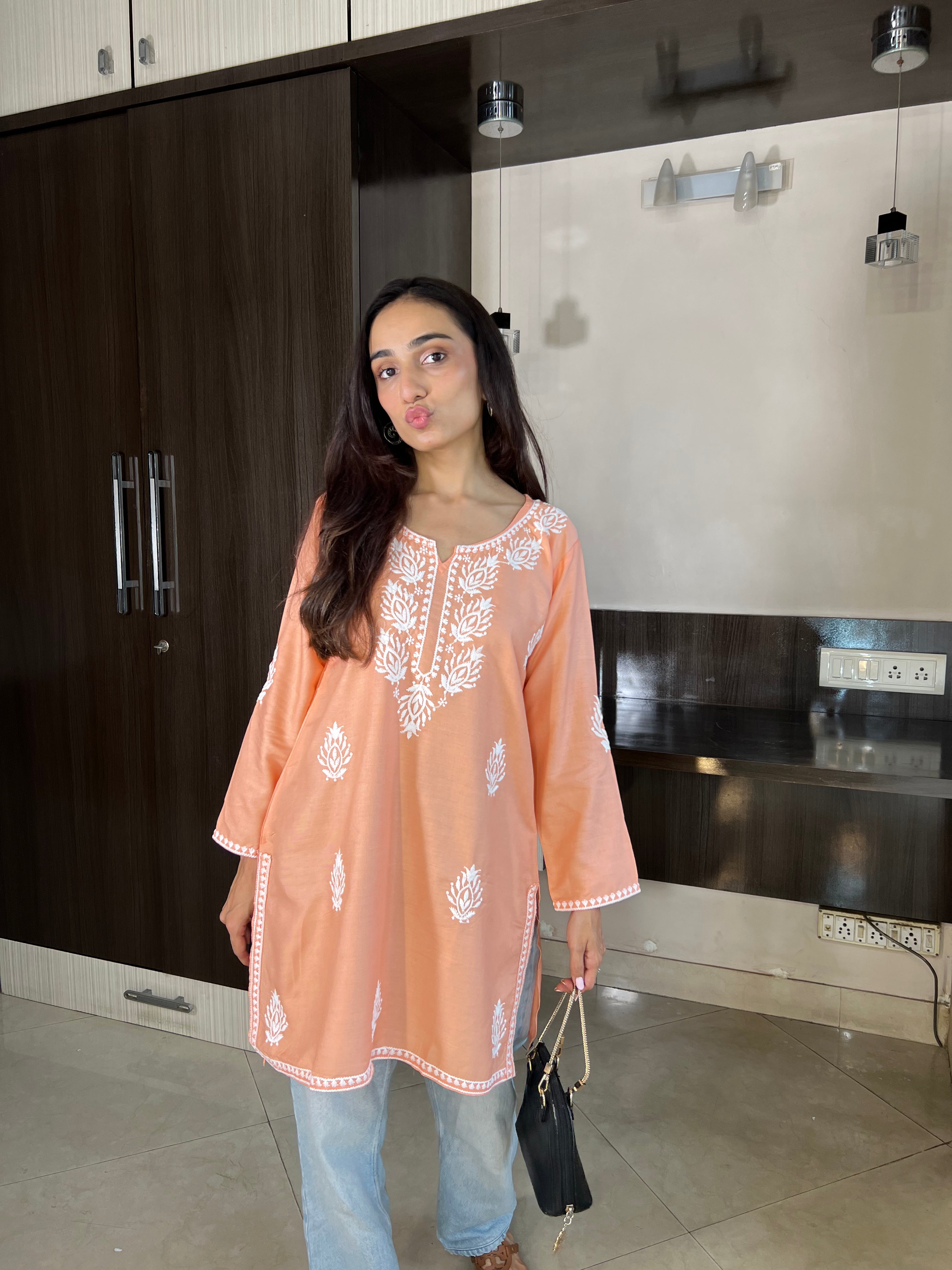 Samaira Pastel Peach Short Kurta – Lucknowi Charm in Soft Pastels