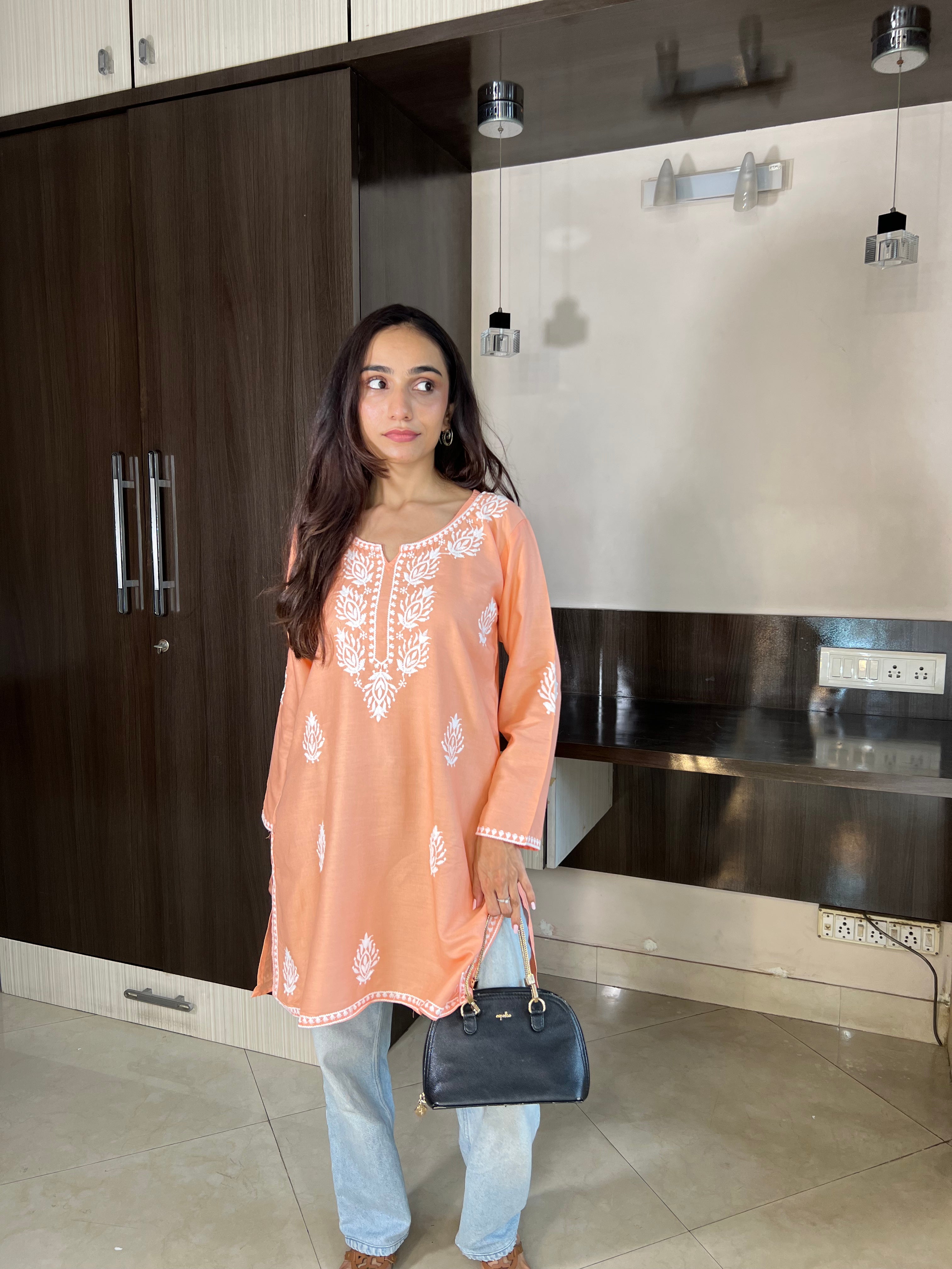 Samaira Pastel Peach Short Kurta – Lucknowi Charm in Soft Pastels