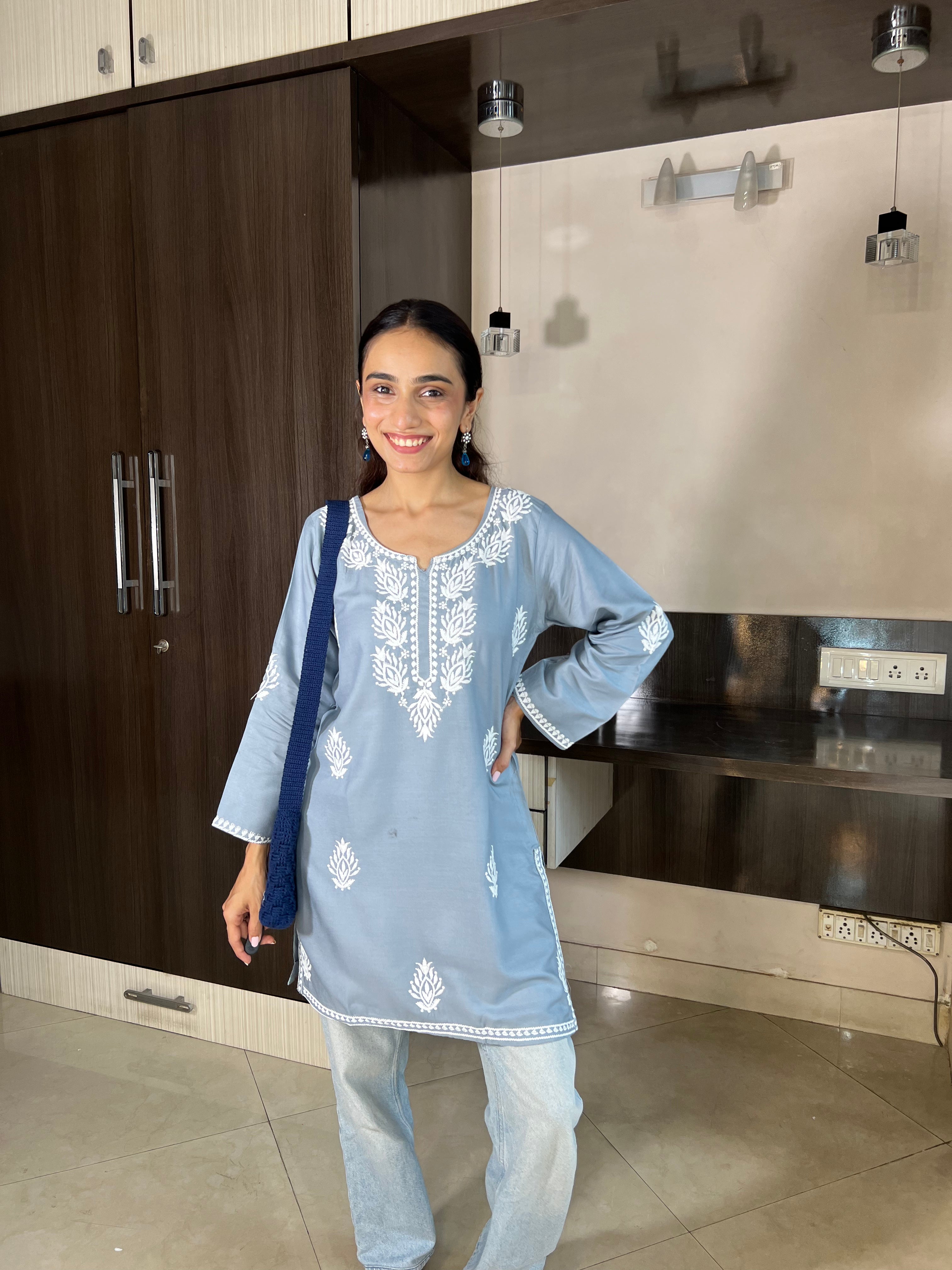 Samaira Grey Chikankari Short Kurta – Minimalist & Elegant Design