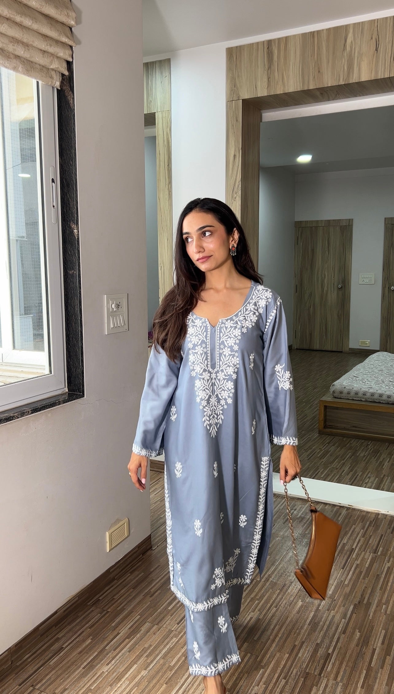 Grey Raabta Chikankari Kurta & Pant Set – Perfect Day-to-Evening Wear