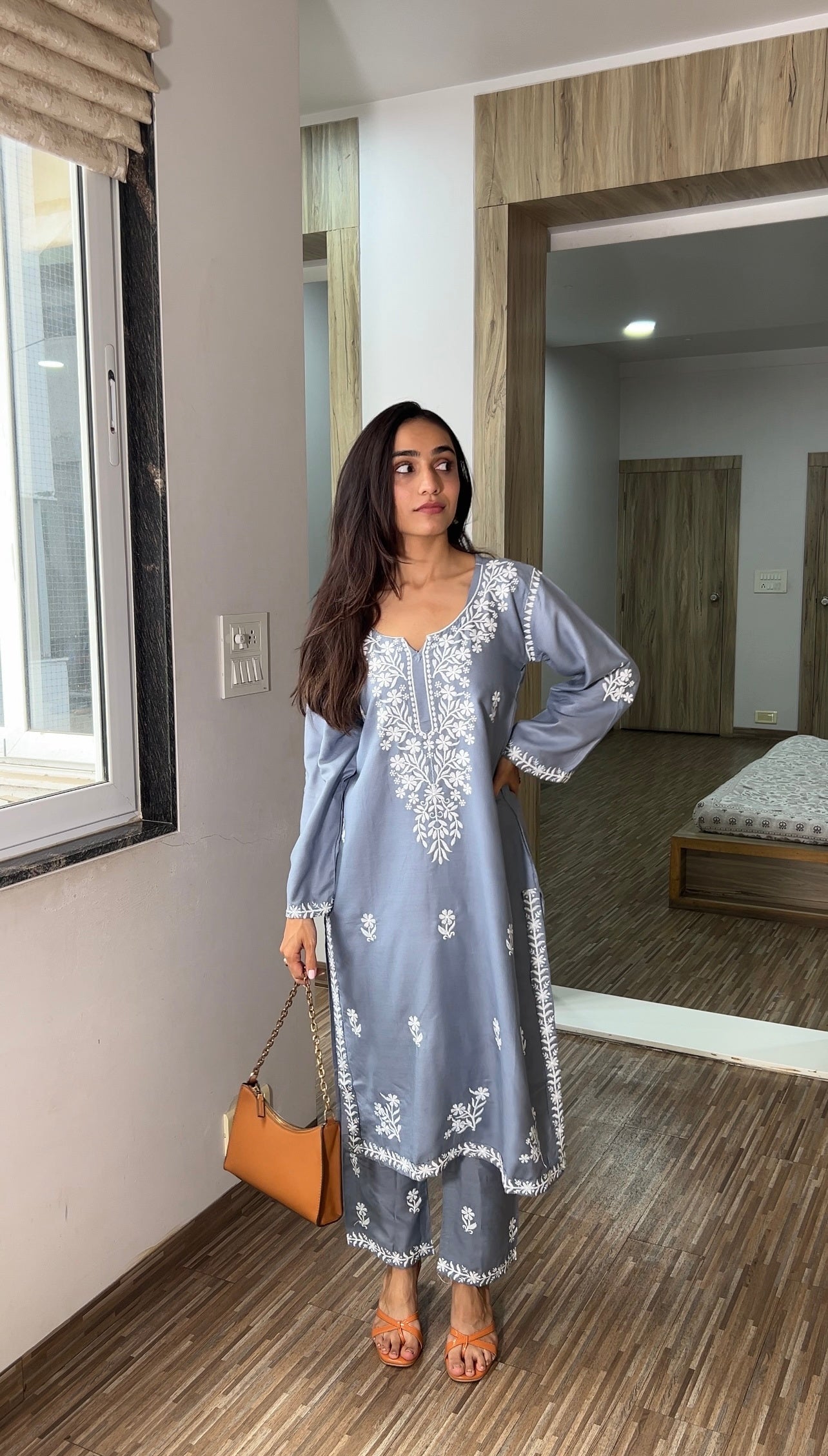 Grey Raabta Chikankari Kurta & Pant Set – Perfect Day-to-Evening Wear