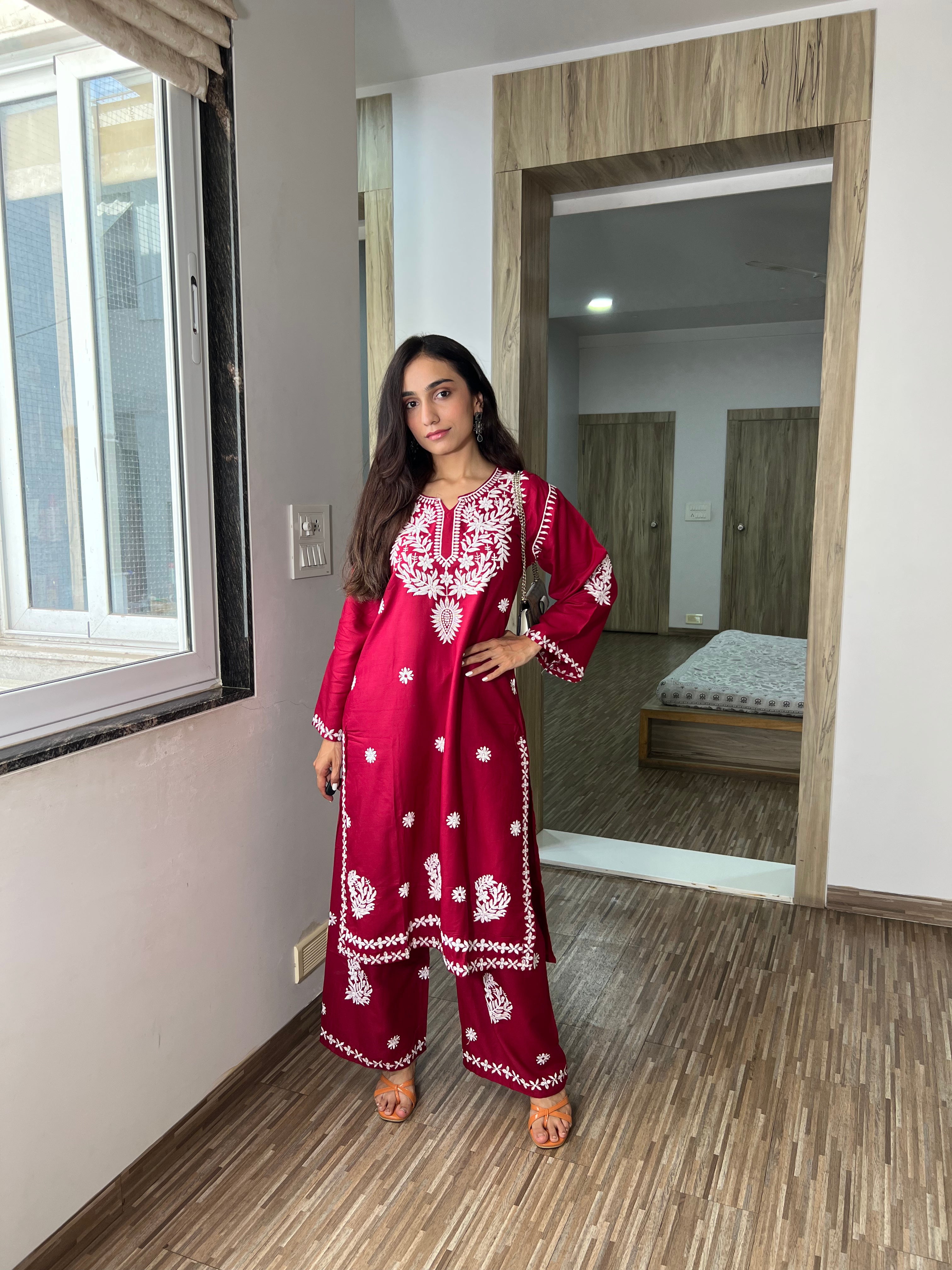 Saanjh Premium Maroon Chikanakari Kurta with Matching Plazoo – Festive & Party Wear