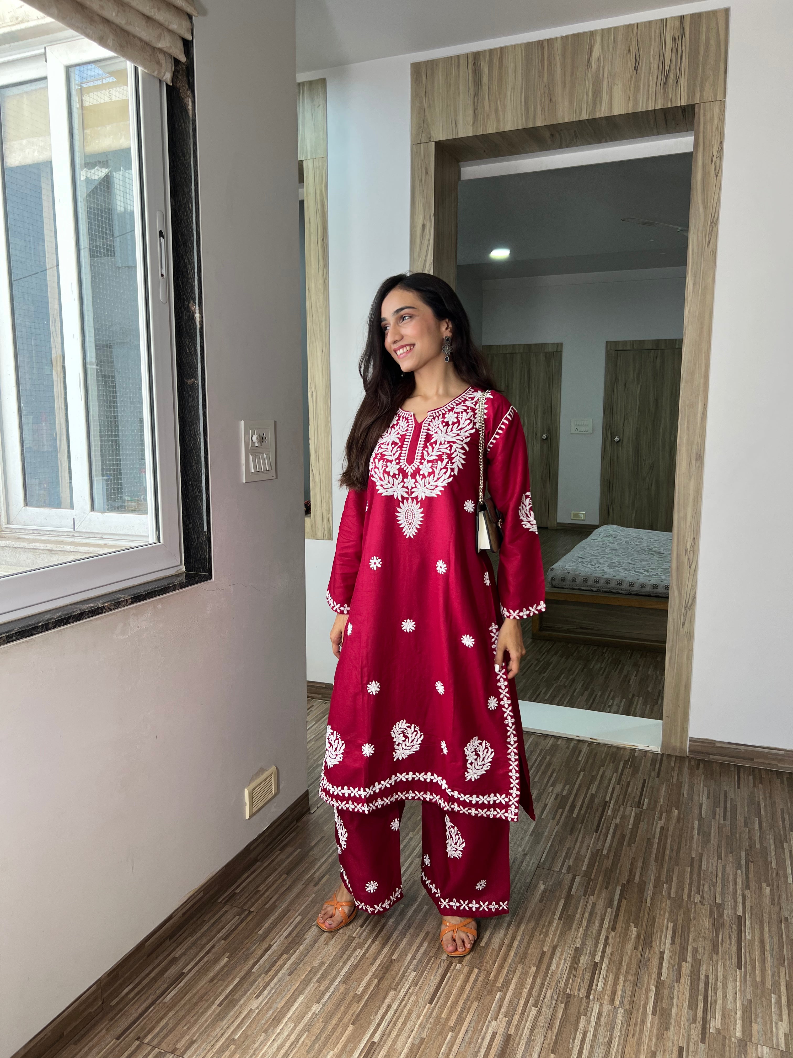 Saanjh Premium Maroon Chikanakari Kurta with Matching Plazoo – Festive & Party Wear