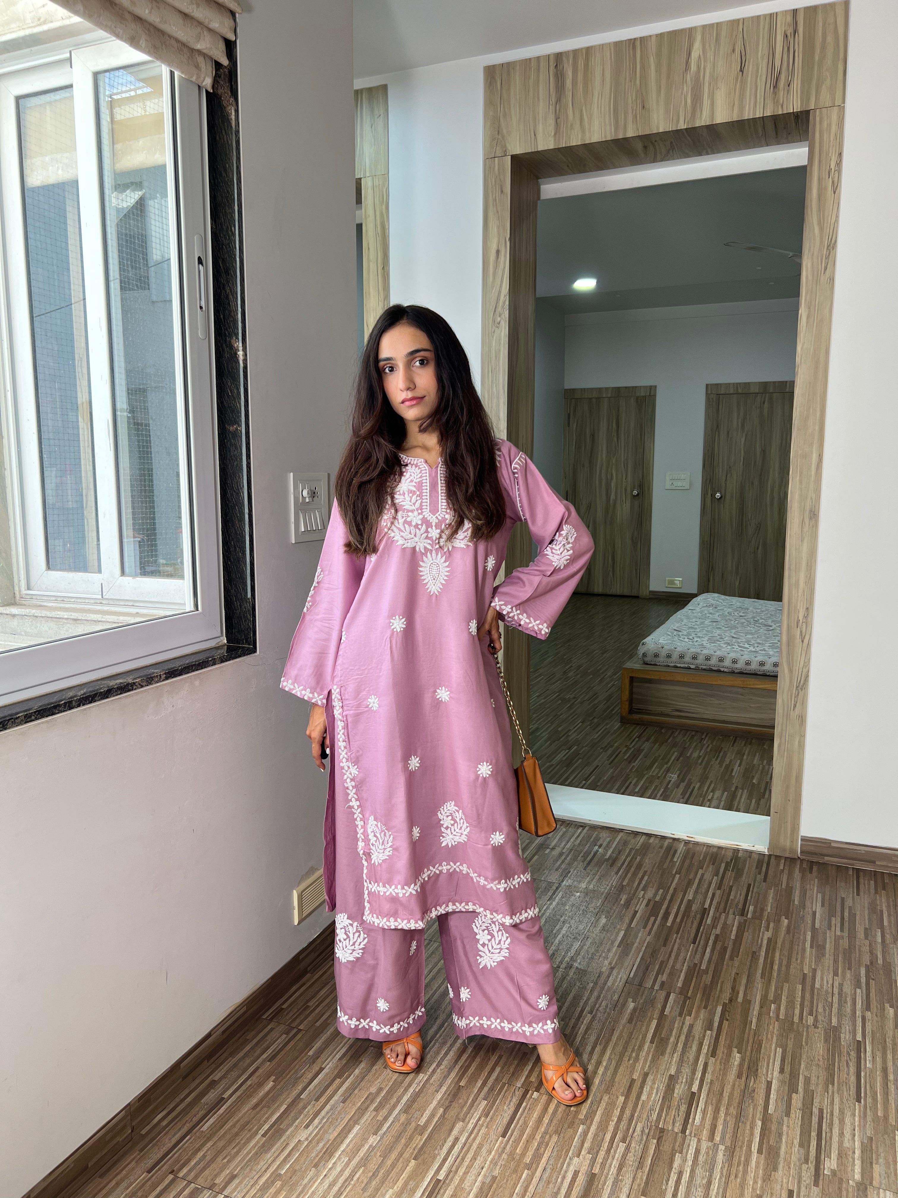 Saanjh Designer Lavender Chikanakari Kurta Set – Graceful Occasion Wear