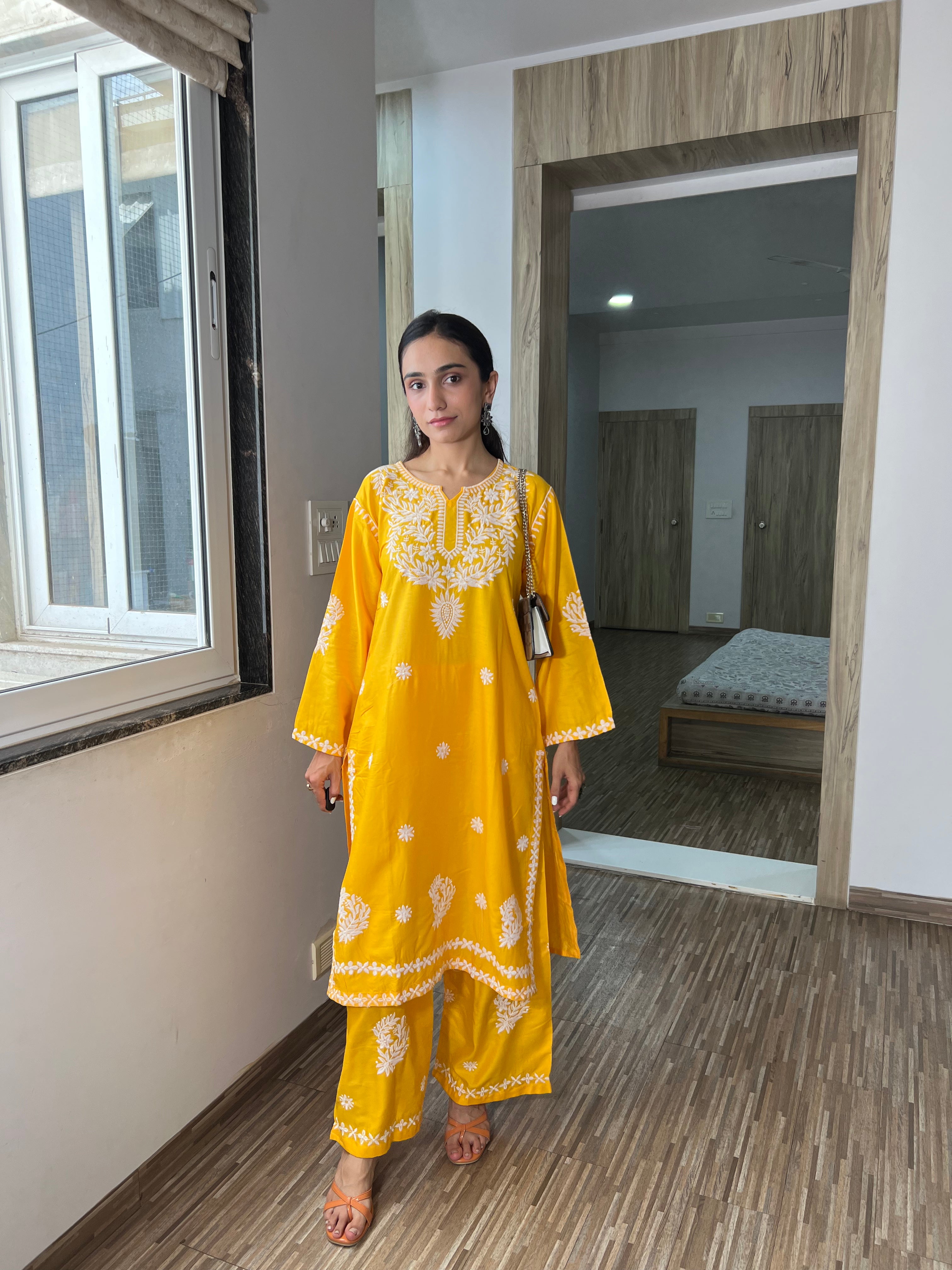 Saanjh Women’s Yellow Chikanakari Kurta Set – Comfortable & Stylish Daily Wear