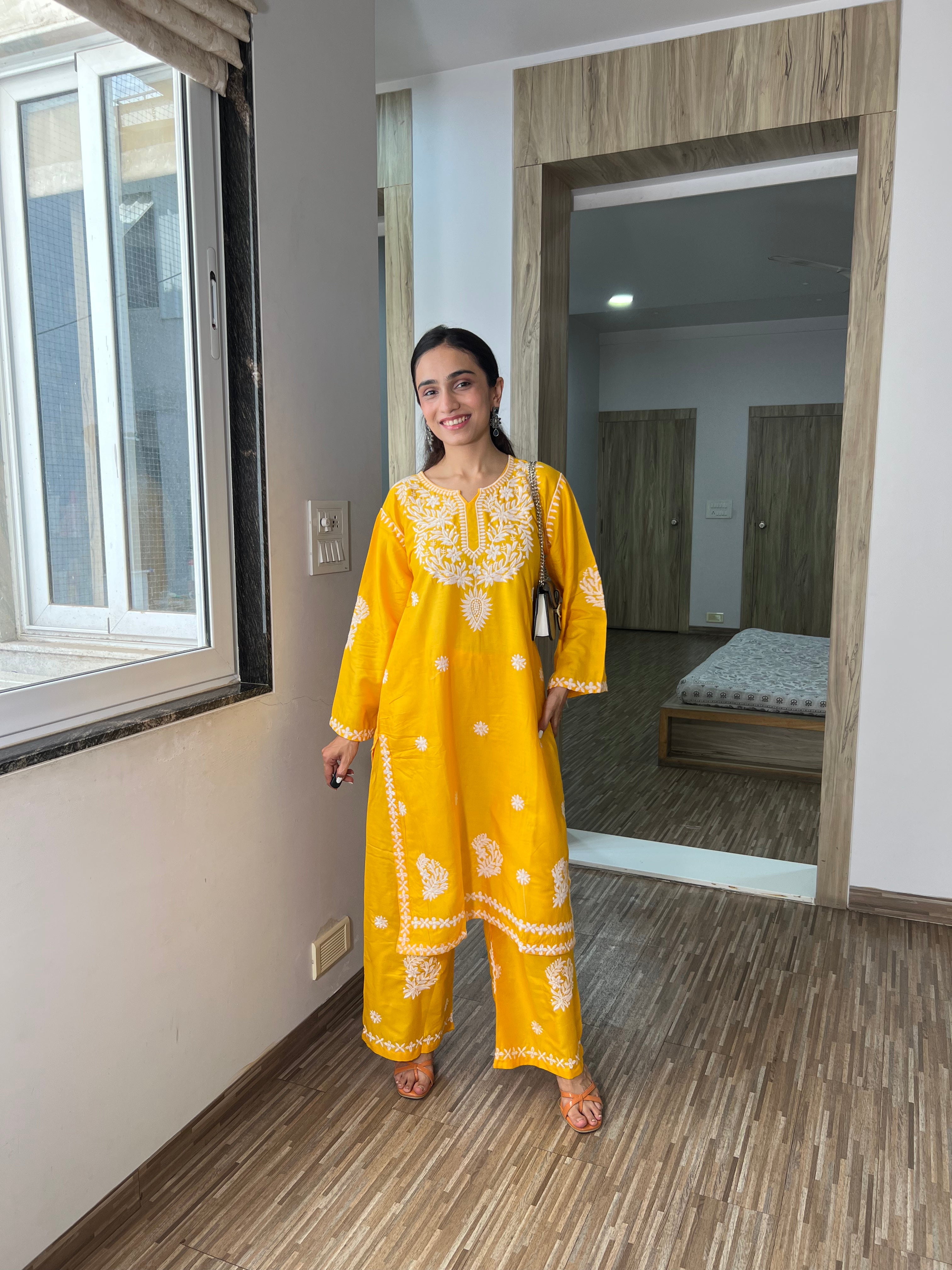 Saanjh Women’s Yellow Chikanakari Kurta Set – Comfortable & Stylish Daily Wear