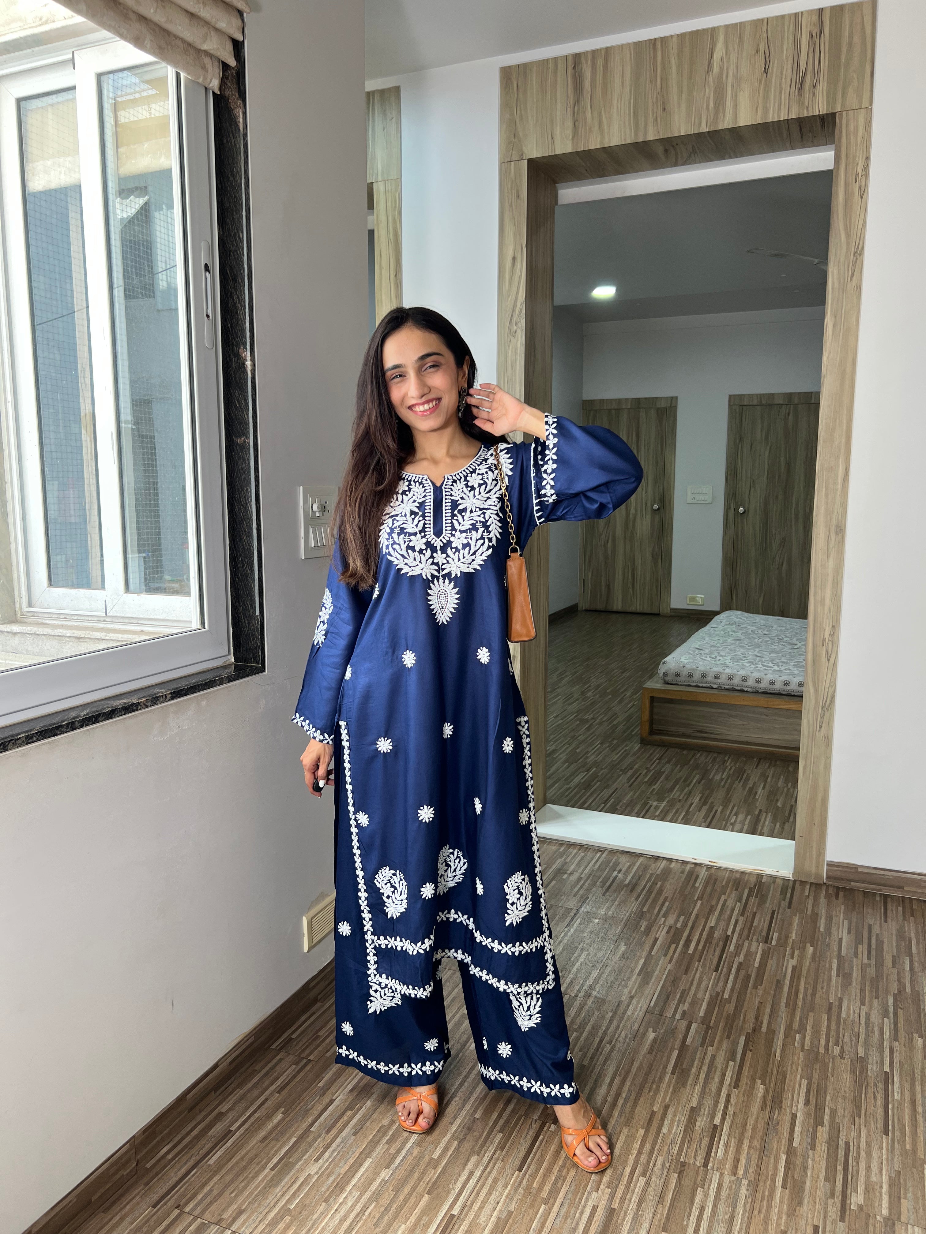 Saanjh Blue Hand-Embroidered Chikanakari Kurta with Plazoo – Traditional & Trendy