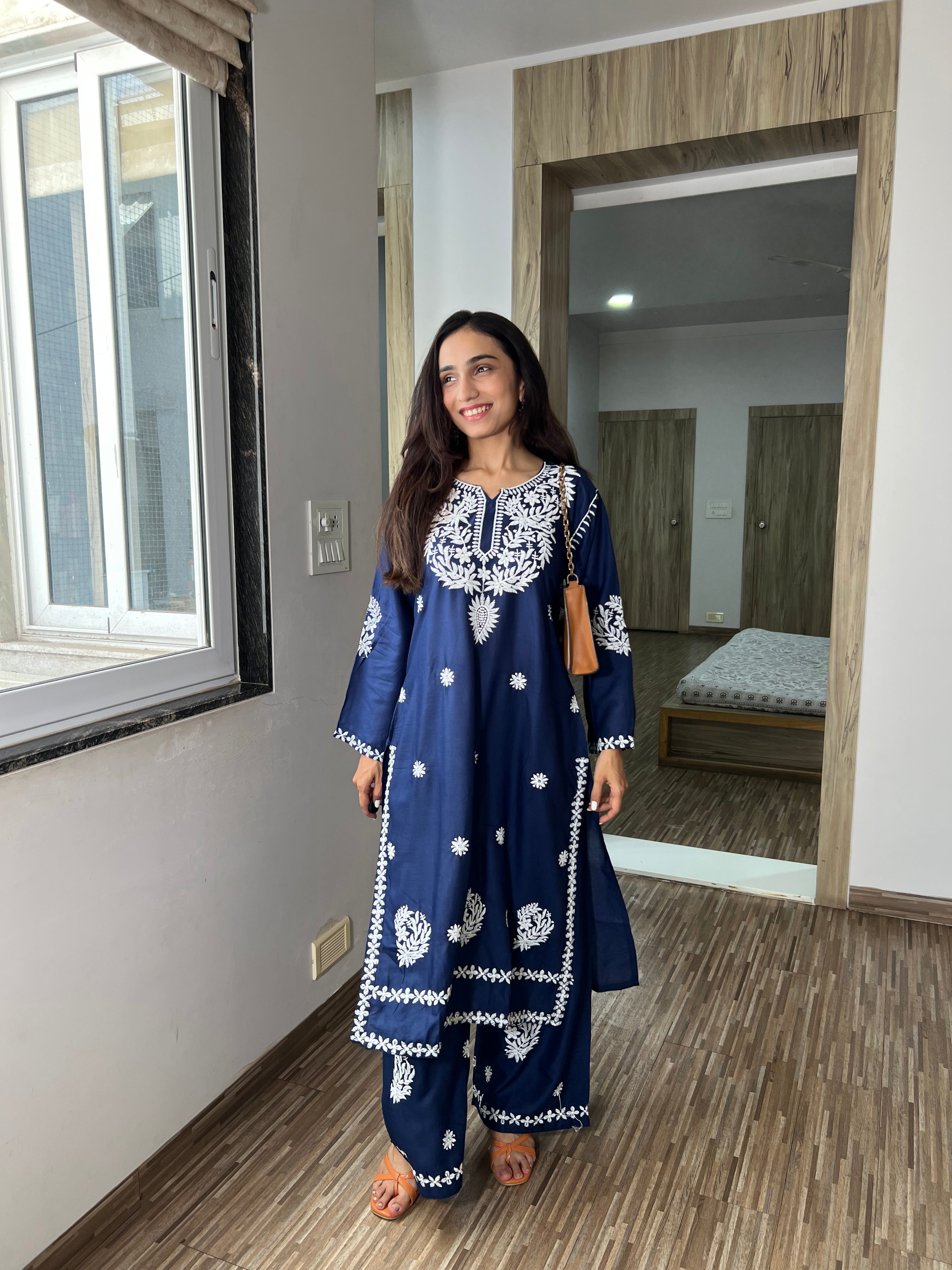Saanjh Blue Hand-Embroidered Chikanakari Kurta with Plazoo – Traditional & Trendy