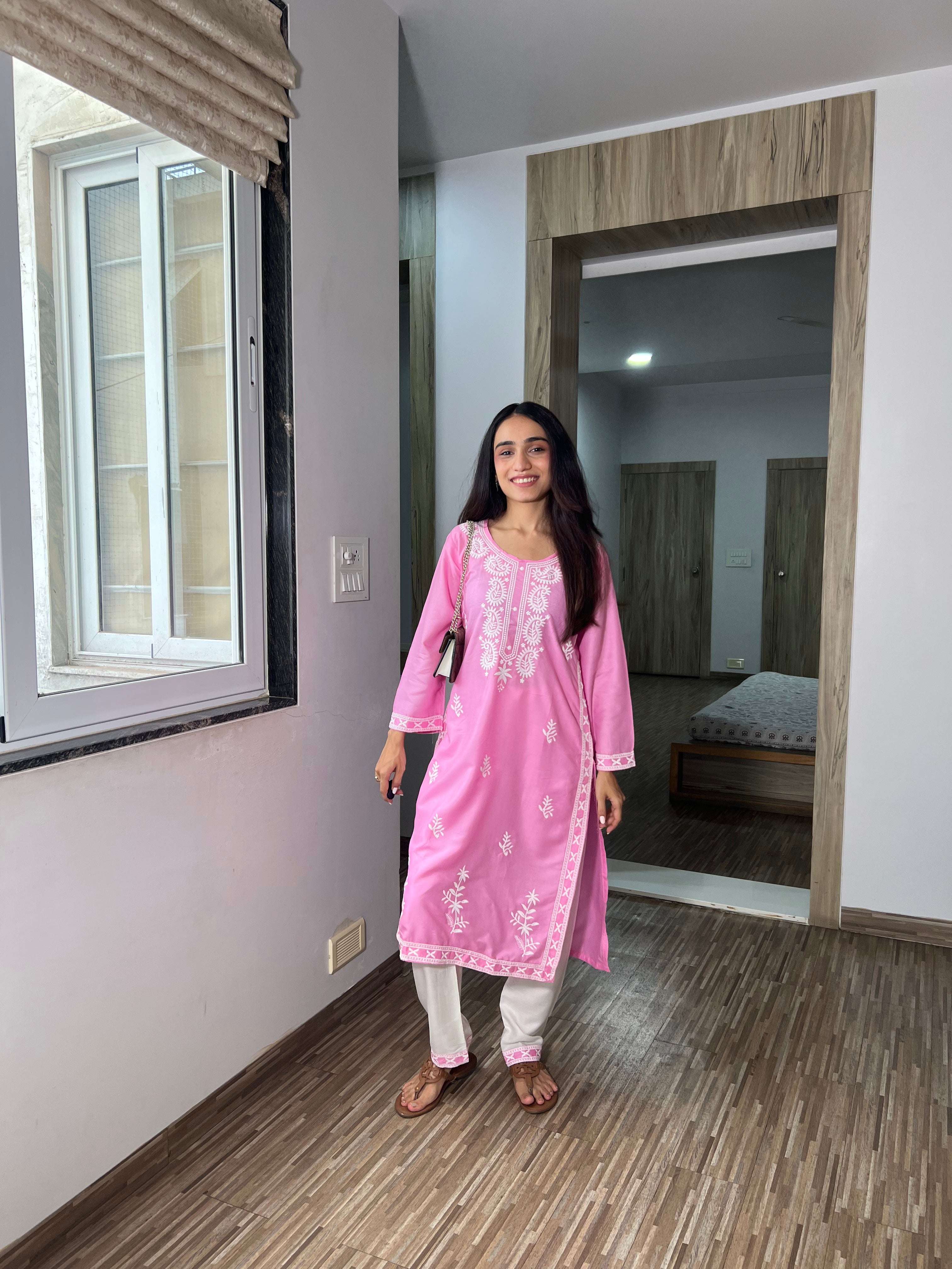 Husna Baby Pink Chikankari Kurta & Pant Set – Elegant Ethnic Wear