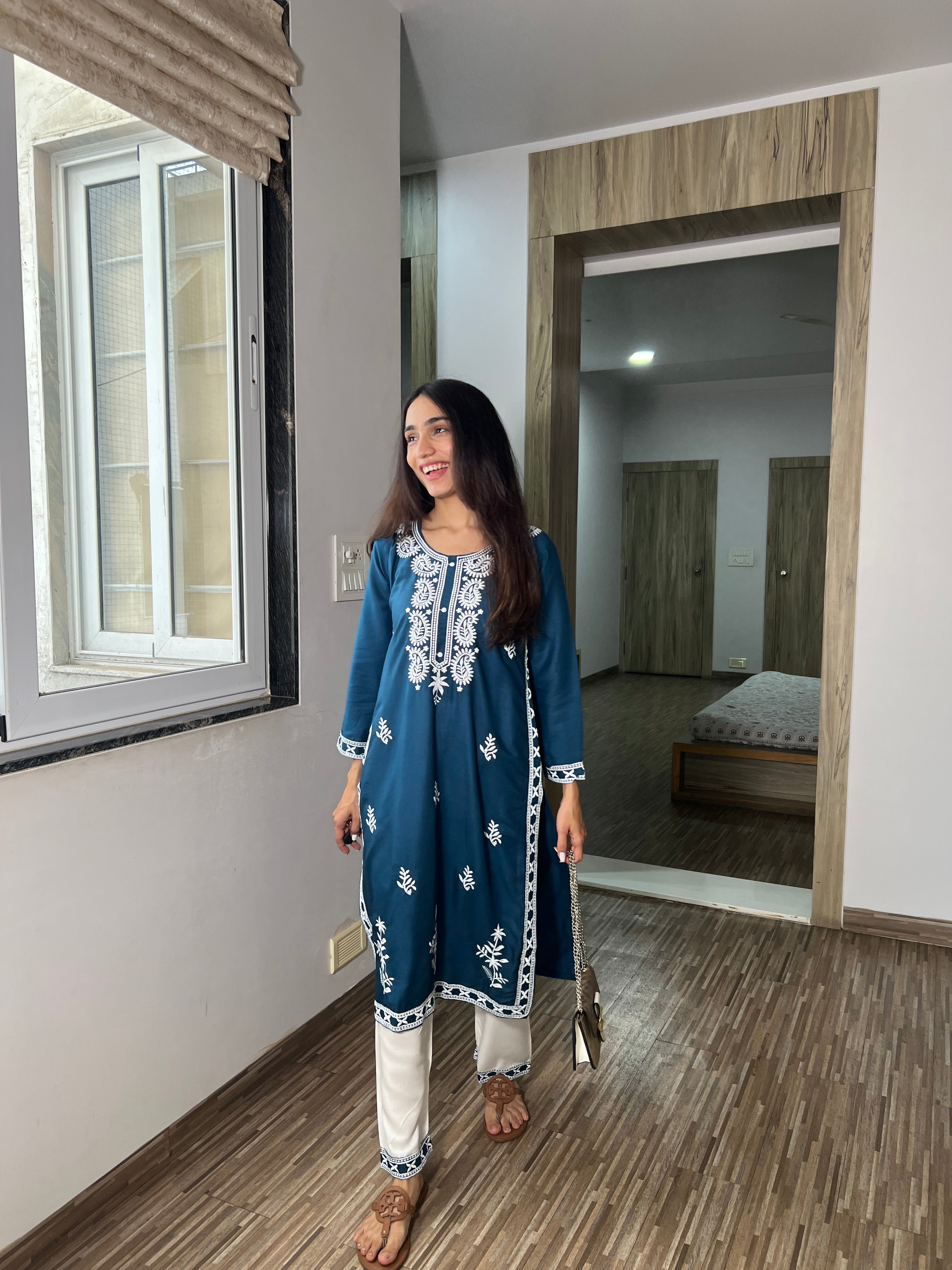 Husna Blue Designer Chikankari Kurta and Pant Co-ord Set