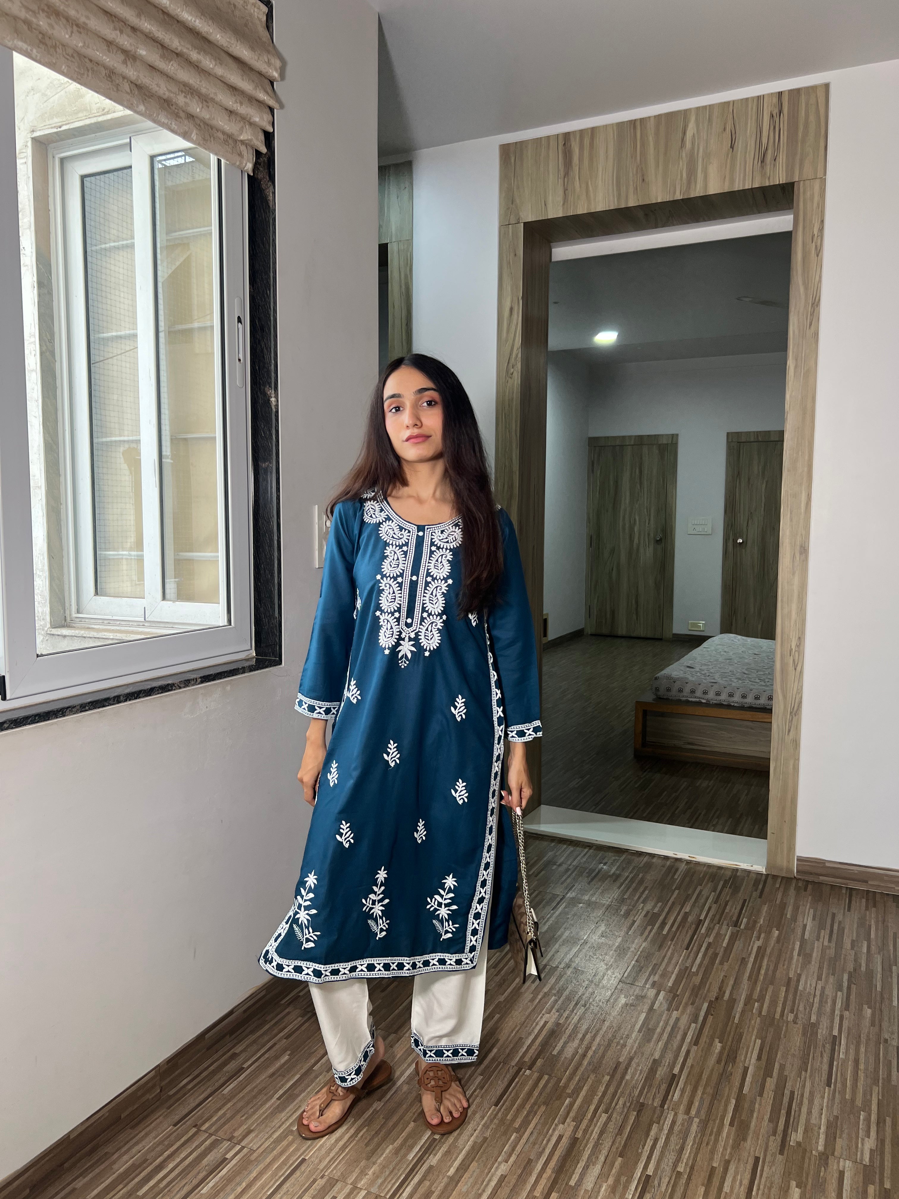 Husna Blue Designer Chikankari Kurta and Pant Co-ord Set