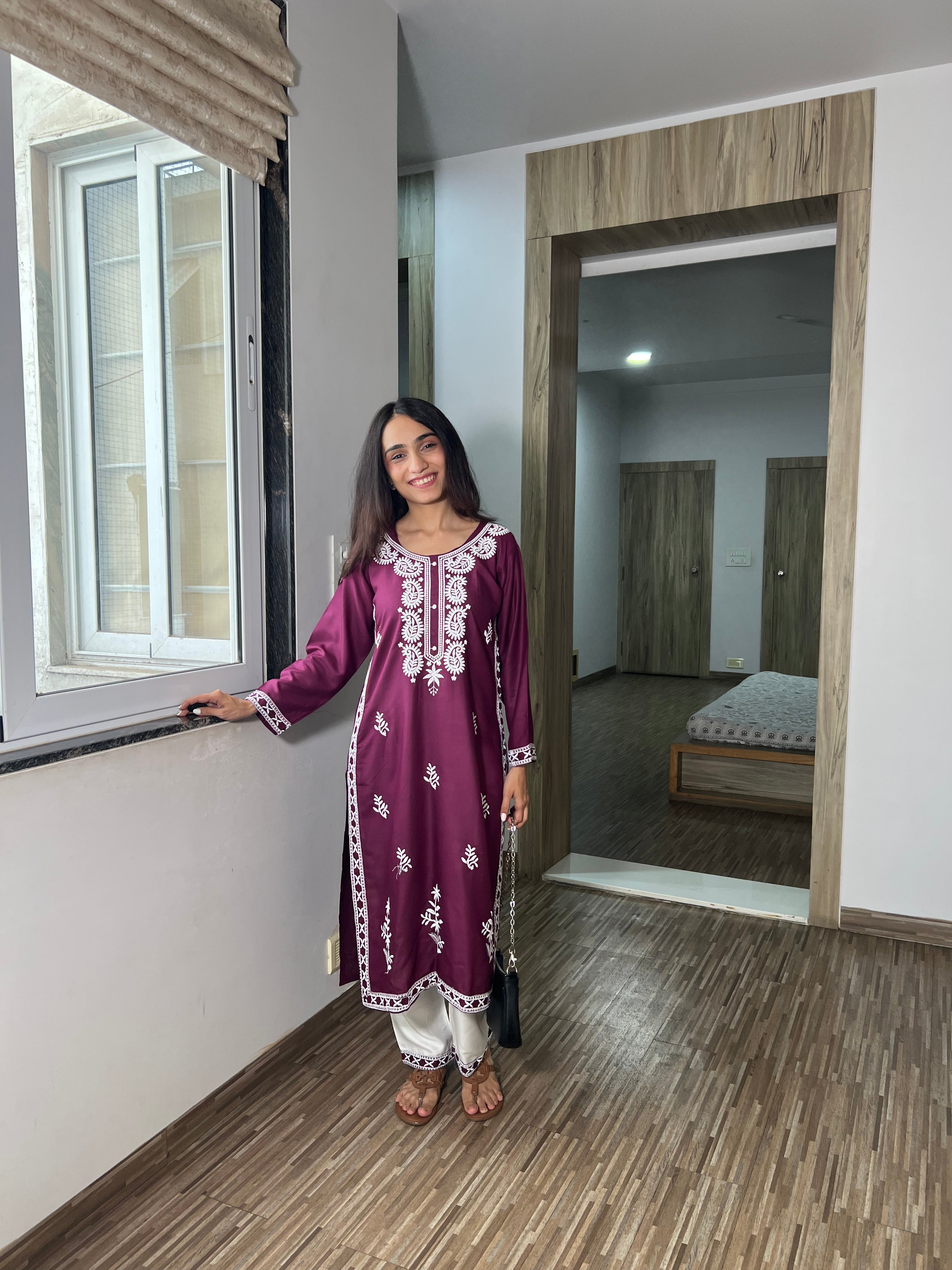 Husna Wine Handcrafted Chikankari Kurta & Pant – Traditional Chic