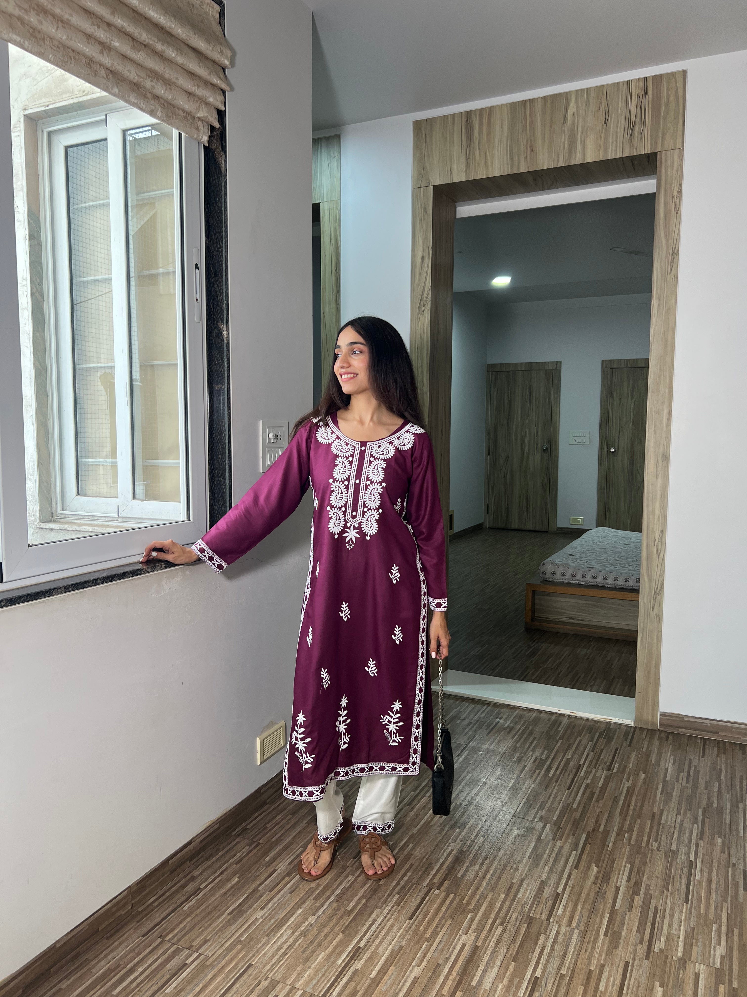 Husna Wine Handcrafted Chikankari Kurta & Pant – Traditional Chic