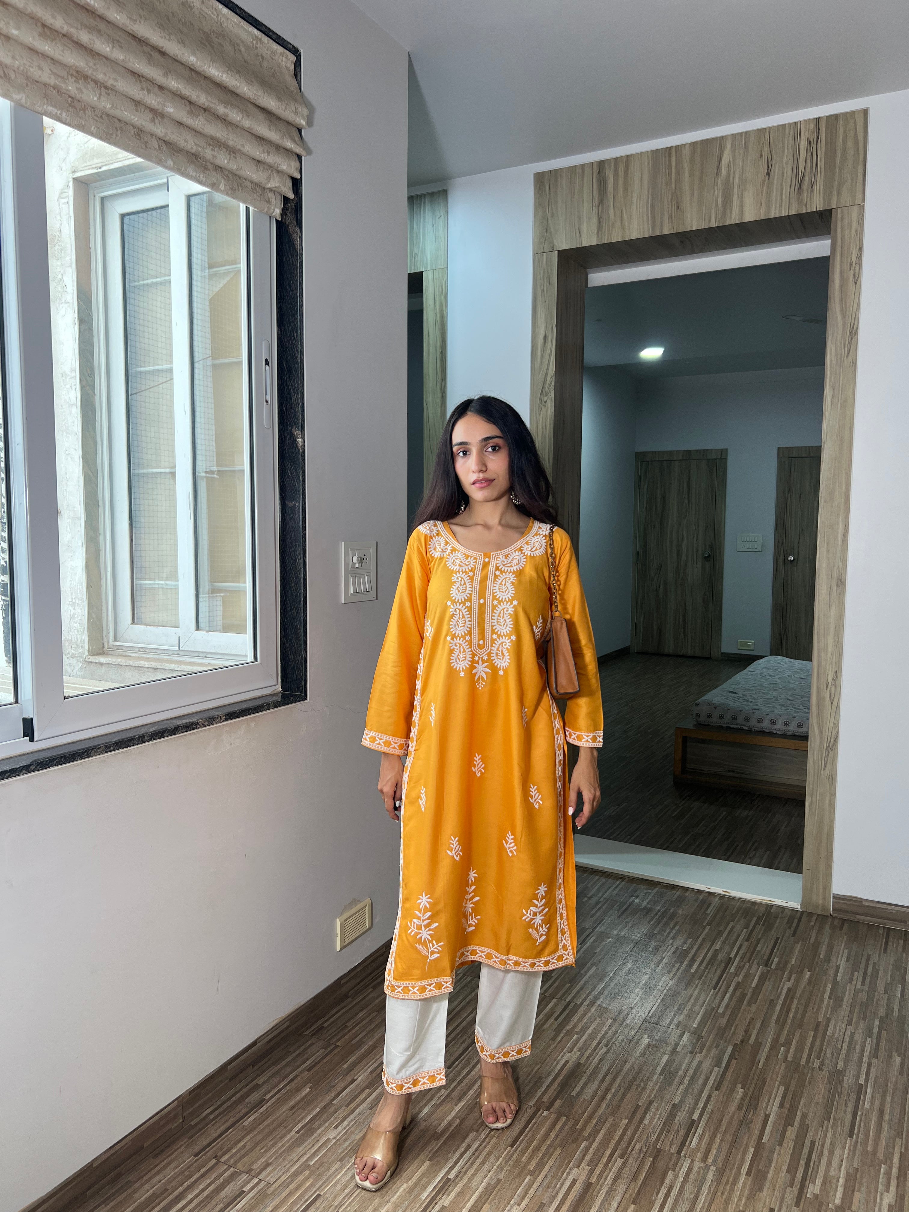 Husna Yellow Chikankari Kurta & Pant Set – Elegant Ethnic Wear