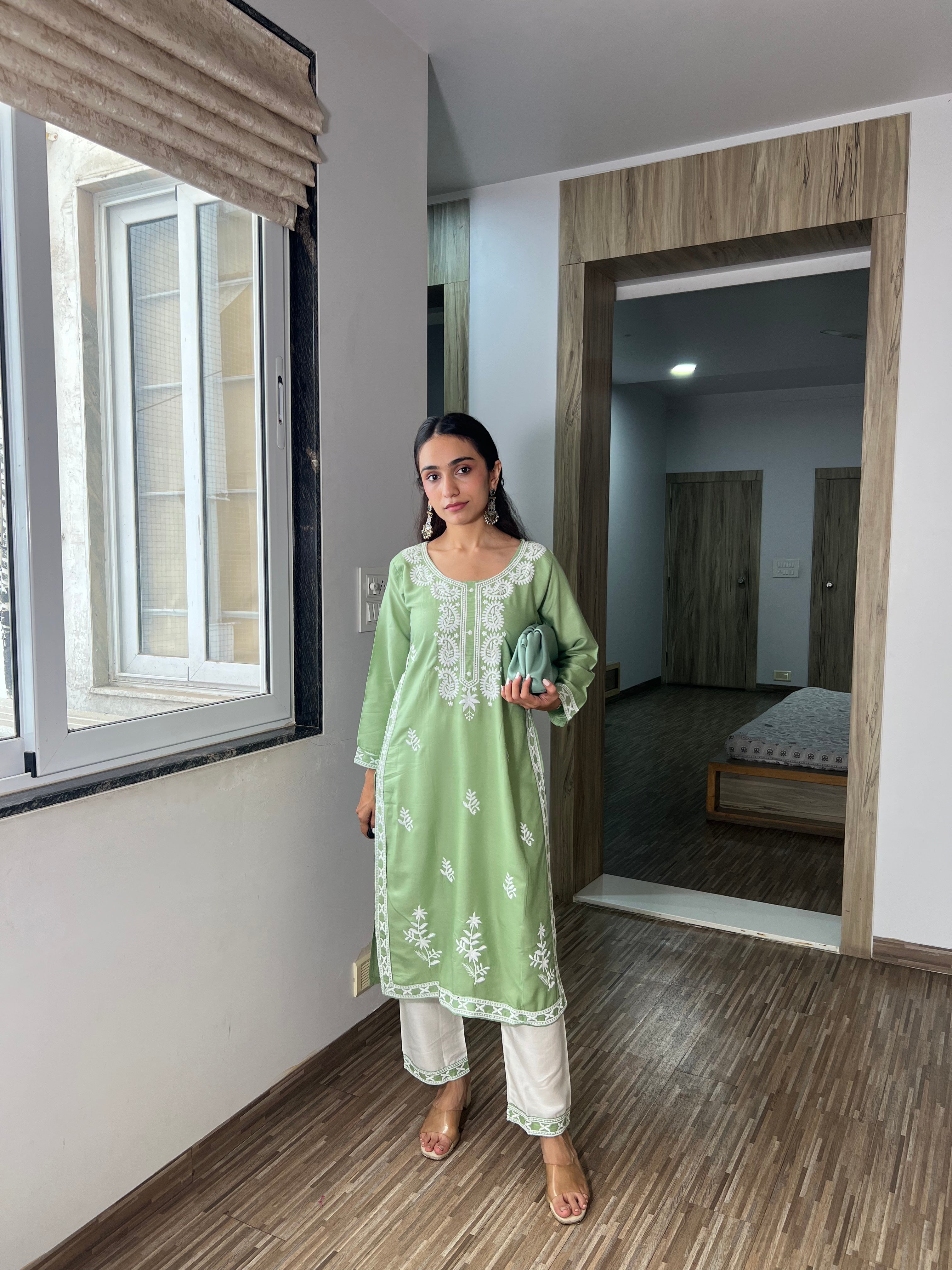 Husna Pastel Green Designer Chikankari Kurta and Pant Co-ord Set