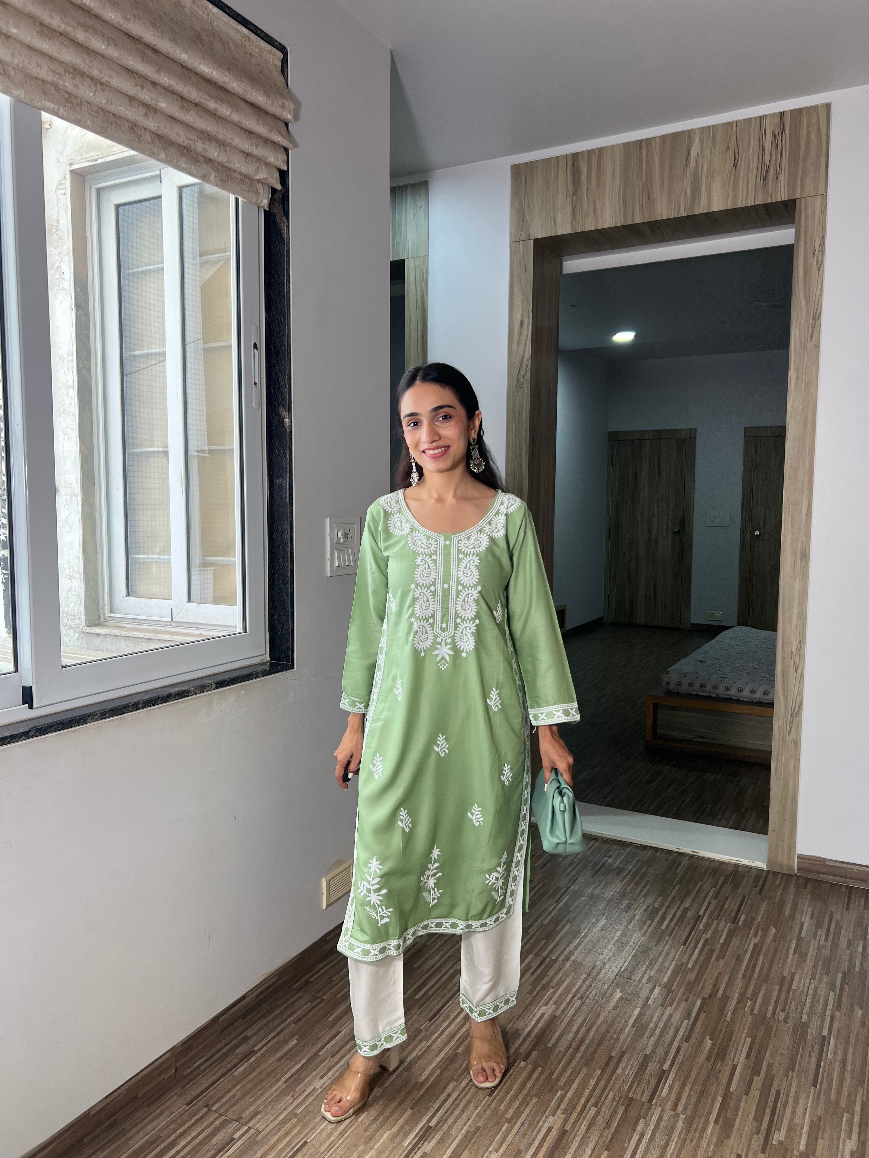 Husna Pastel Green Designer Chikankari Kurta and Pant Co-ord Set