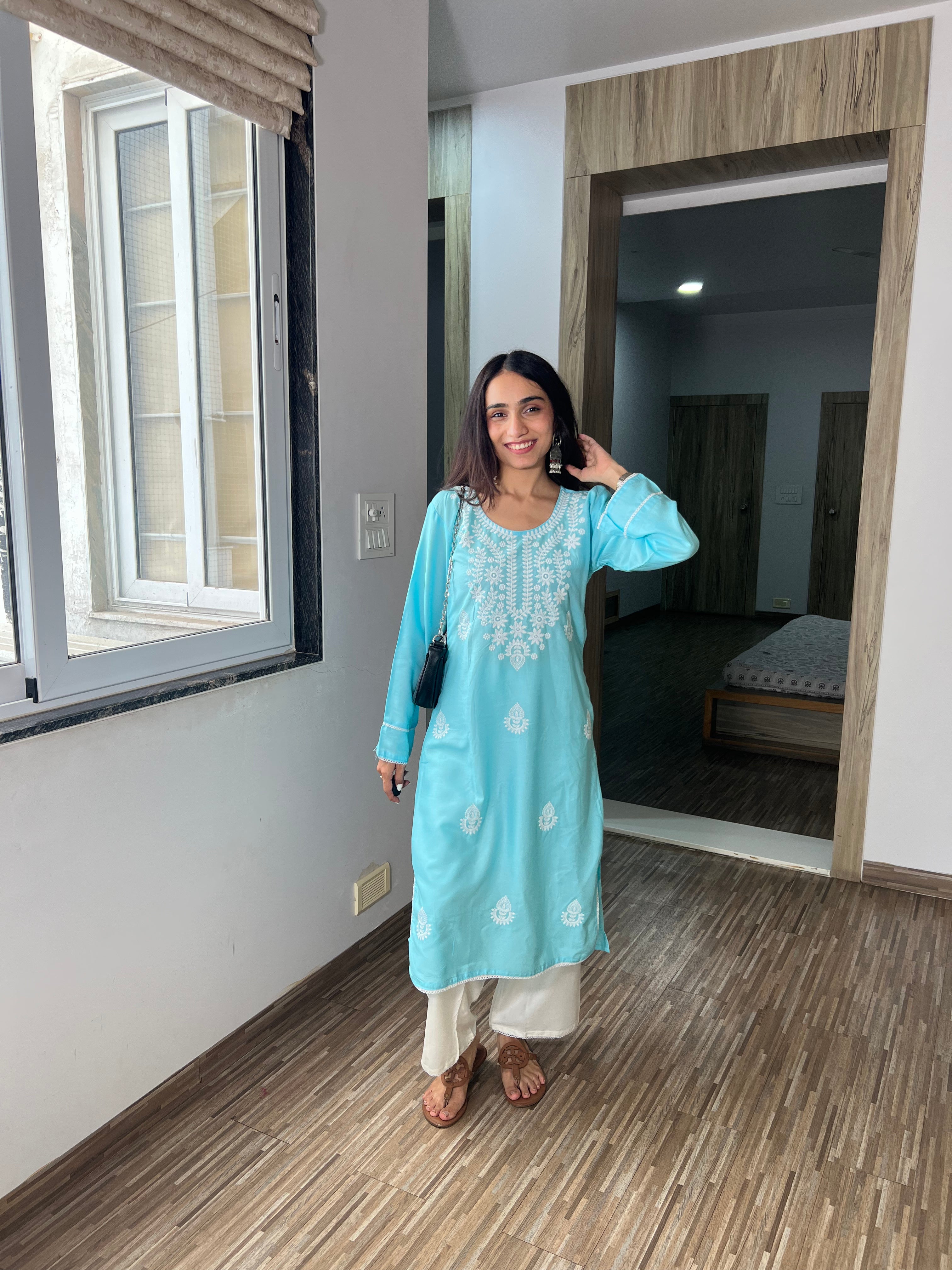 Meher Sky Blue Chikankari Kurta with Plazo Set – Elegant  Embroidery