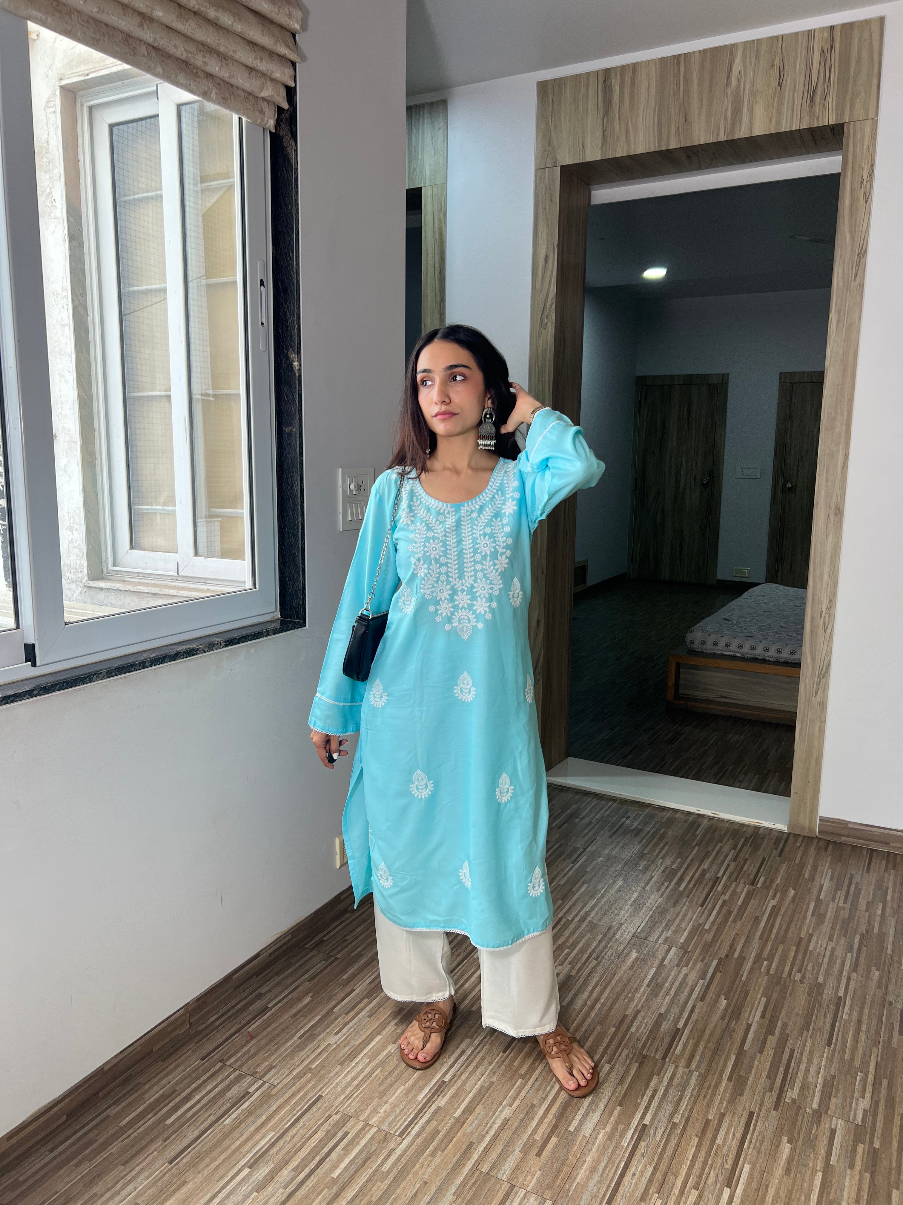 Meher Sky Blue Chikankari Kurta with Plazo Set – Elegant  Embroidery