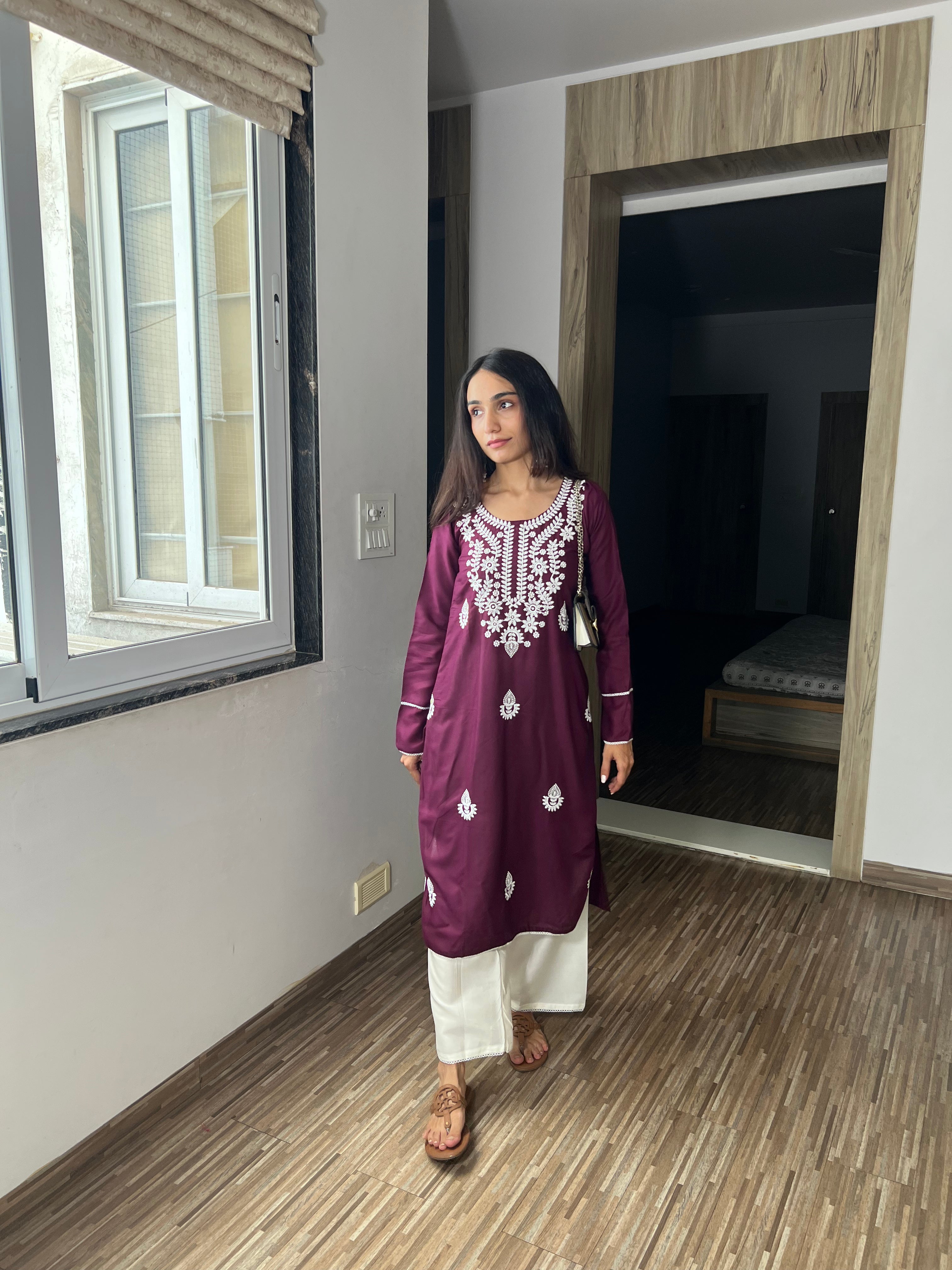 Meher Wine Chikankari Kurta with Plazo – Premium Party Wear Set