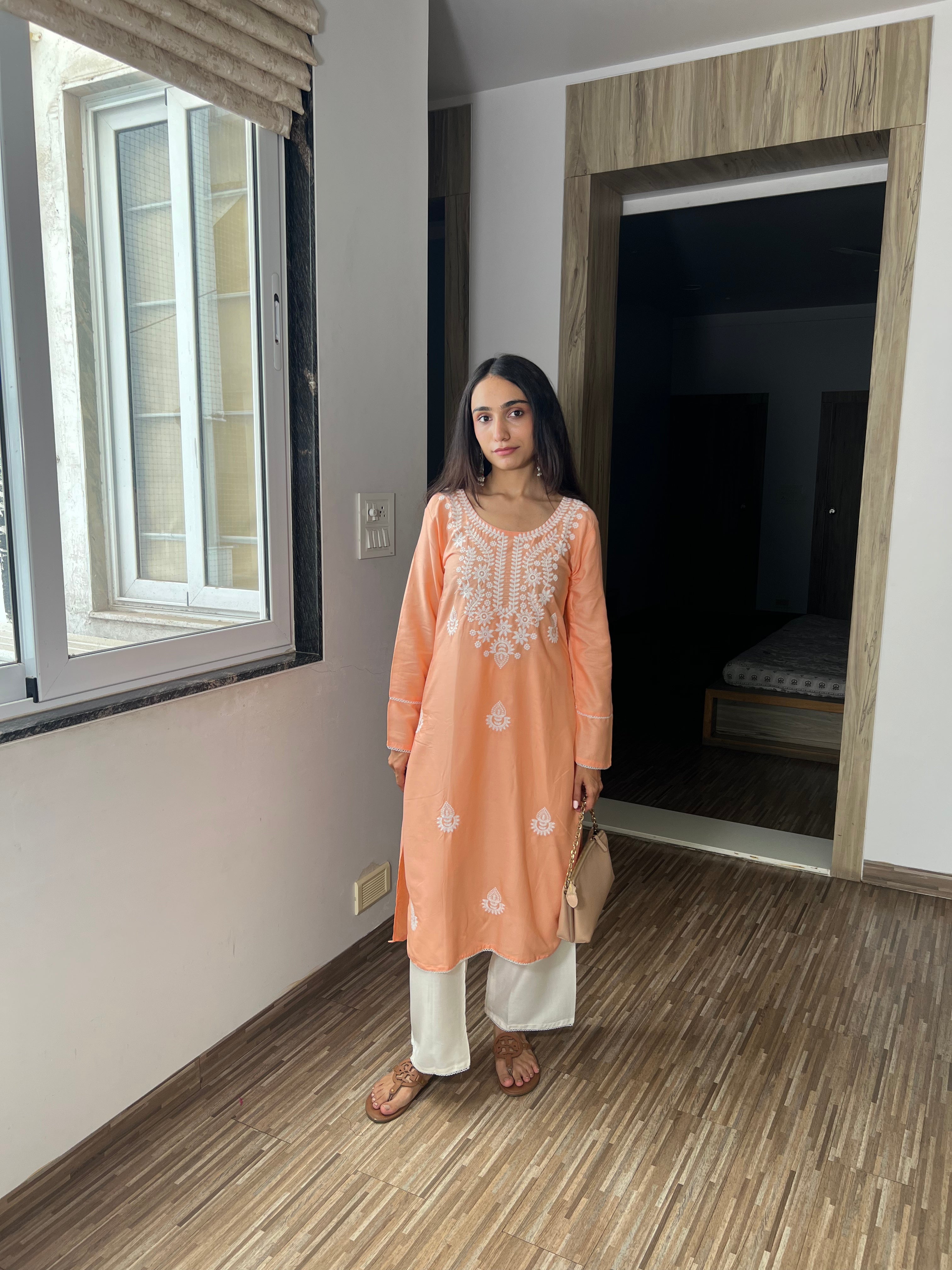 Meher Pastel Peach Chikankari Kurta & Plazo – Soft & Graceful Look