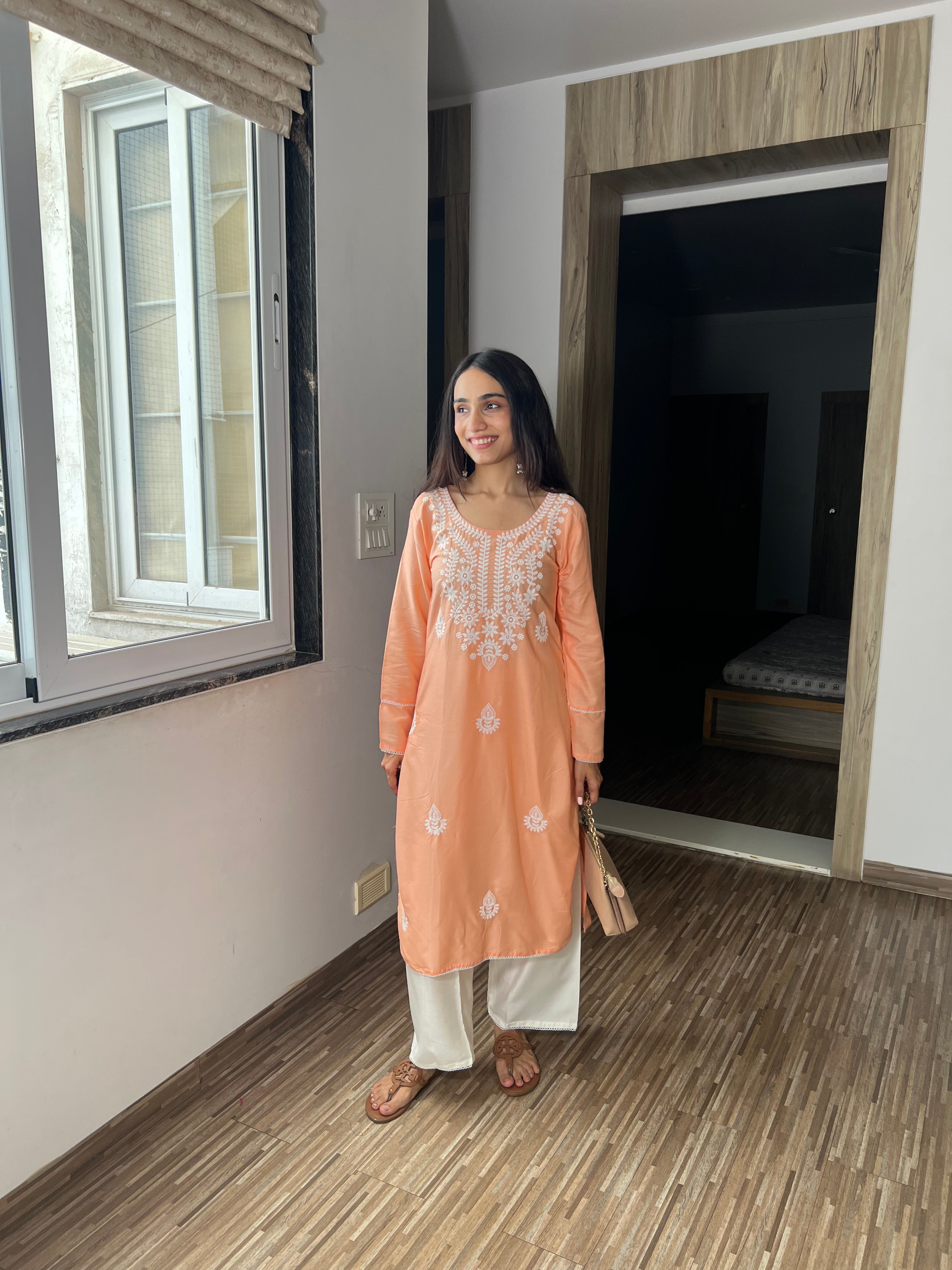Meher Pastel Peach Chikankari Kurta & Plazo – Soft & Graceful Look